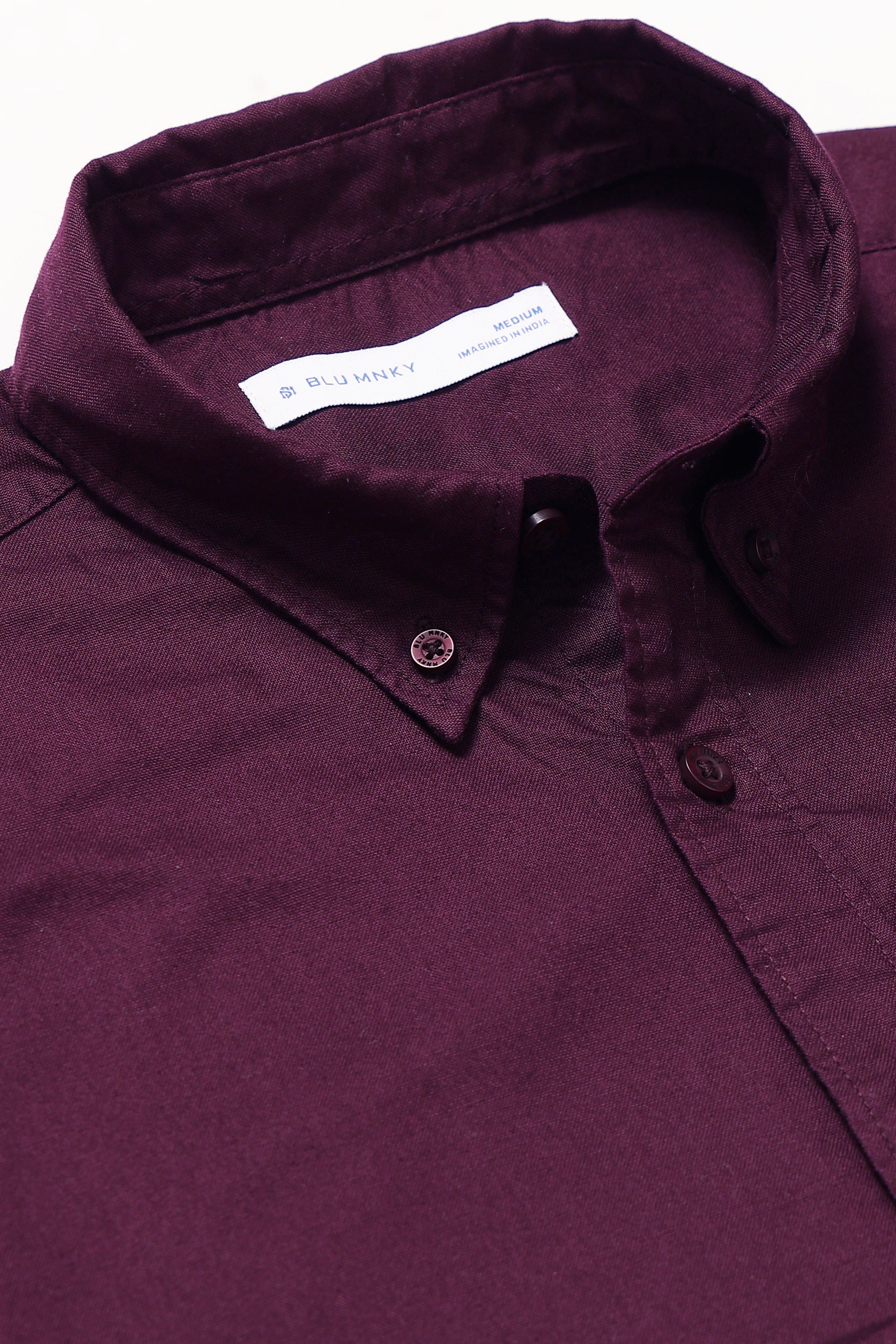 Men Burgundy Cotton Oxford Solid Shirt