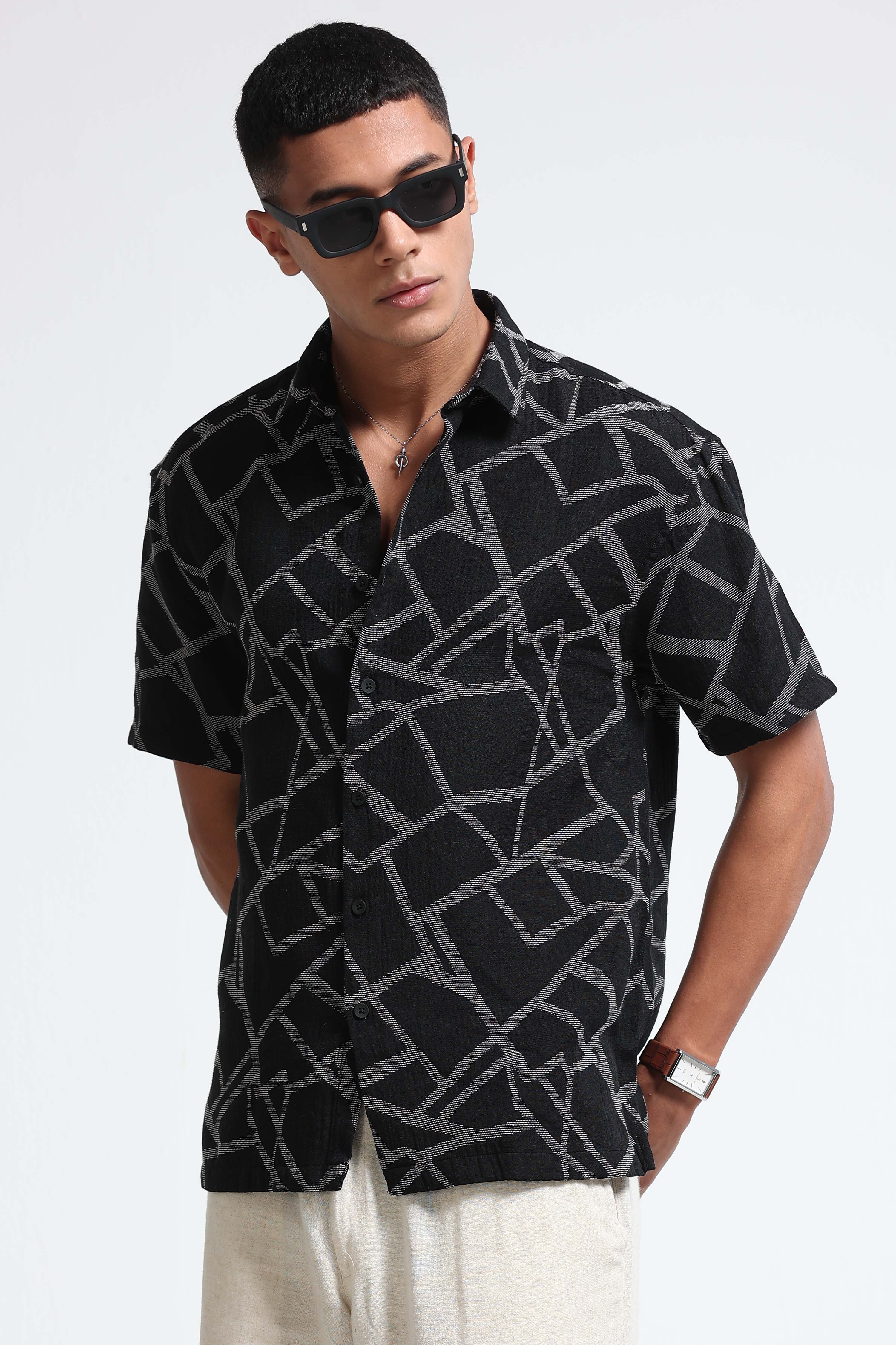 Men Off White Black Jacquard Boxy Fit Shirt