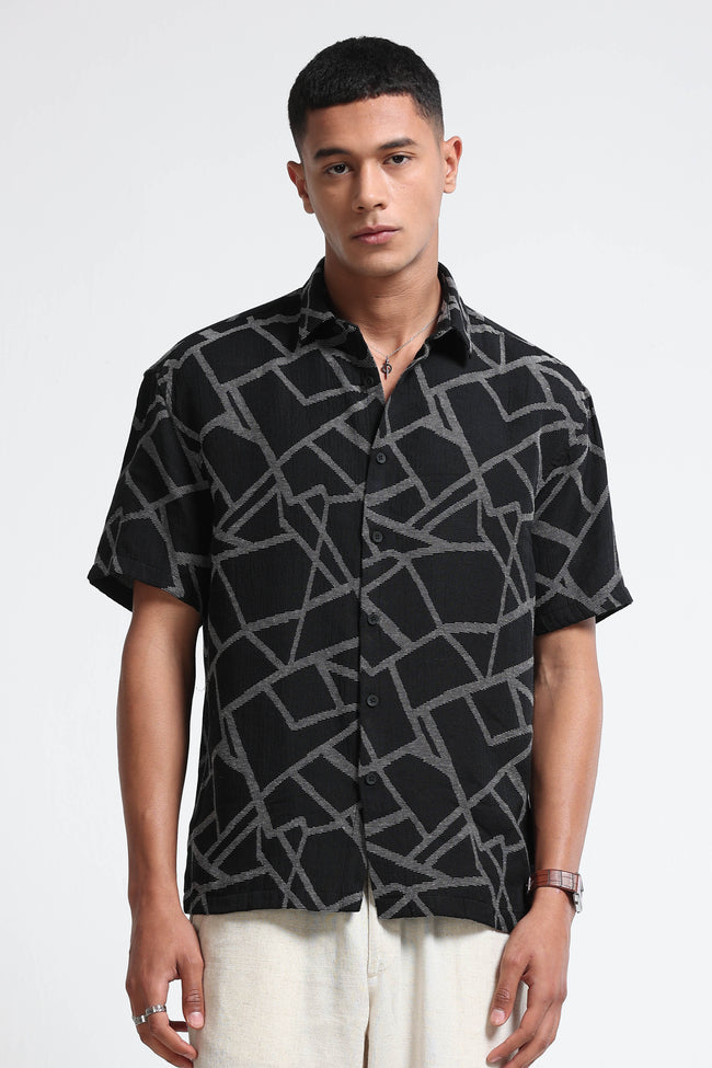 Men Off White Black Jacquard Boxy Fit Shirt