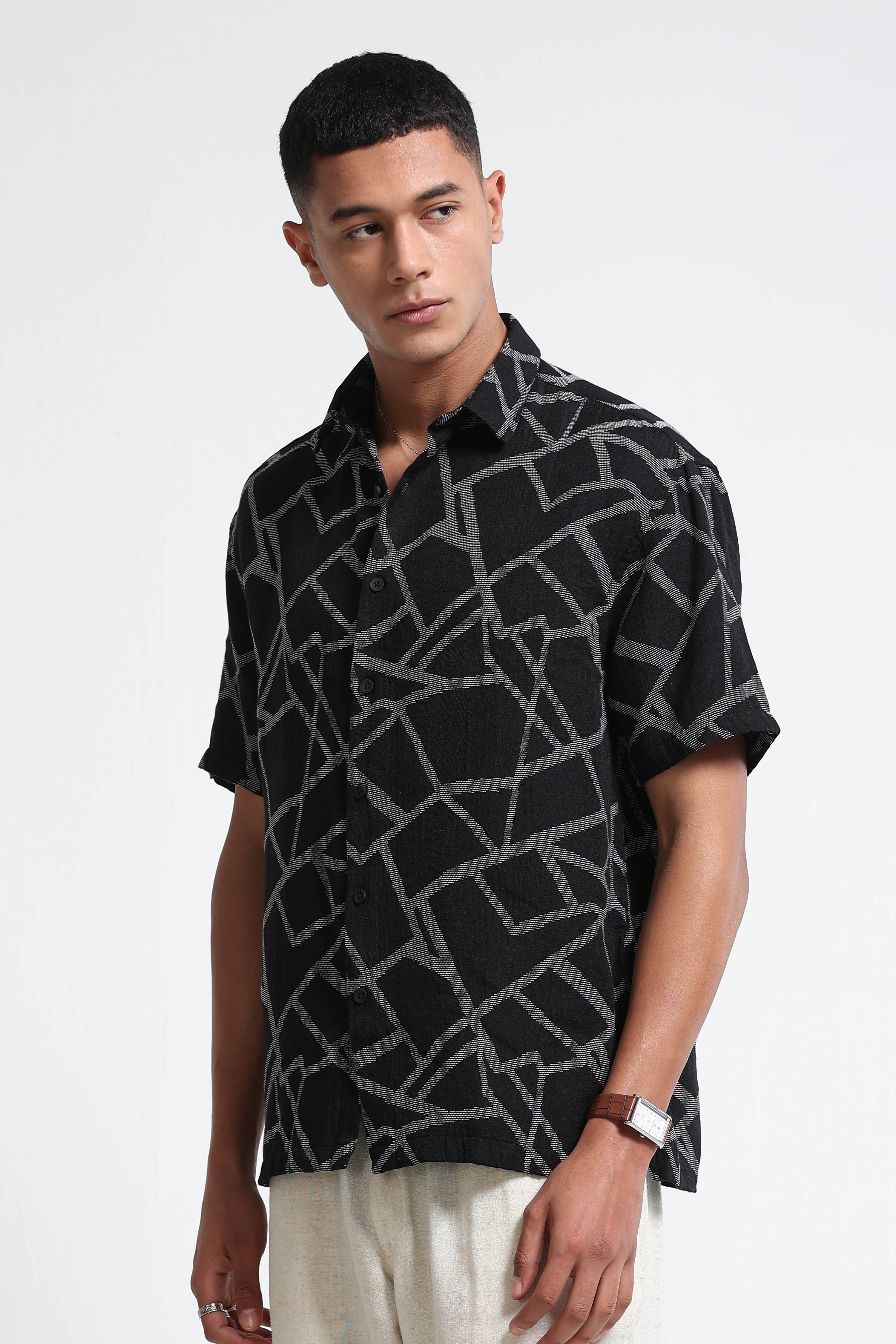 Men Off White Black Jacquard Boxy Fit Shirt