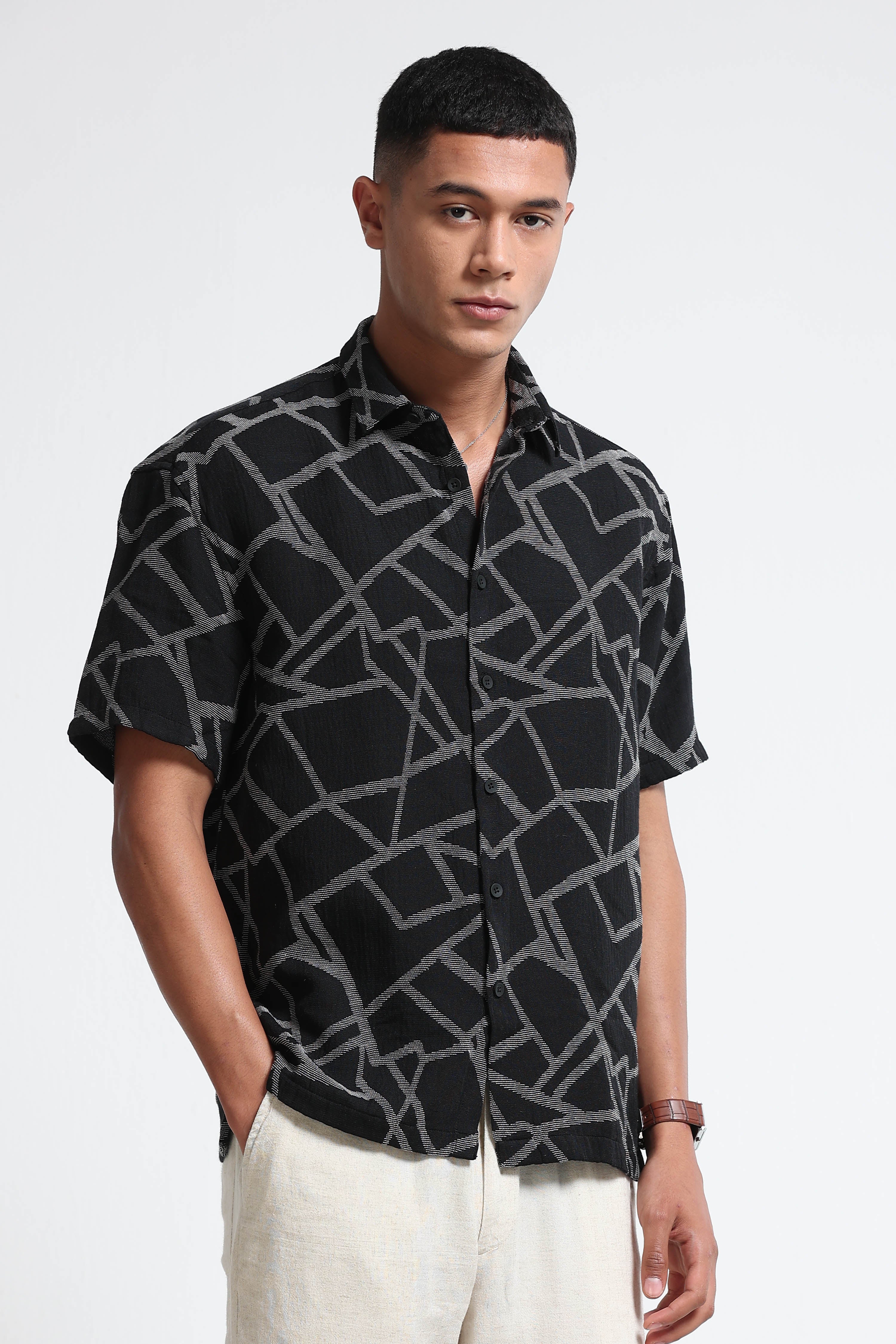 Men Off White Black Jacquard Boxy Fit Shirt