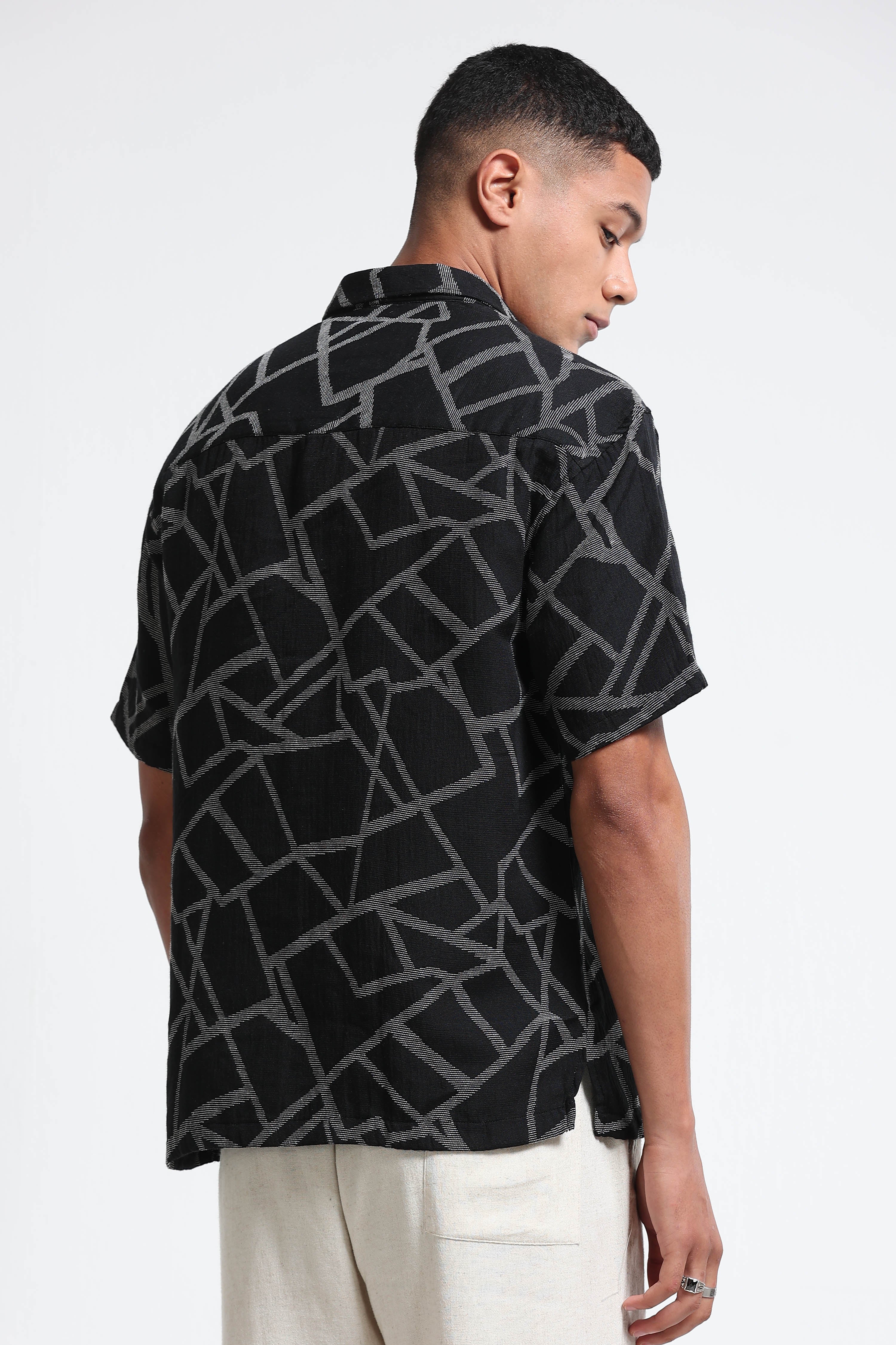 Men Off White Black Jacquard Boxy Fit Shirt