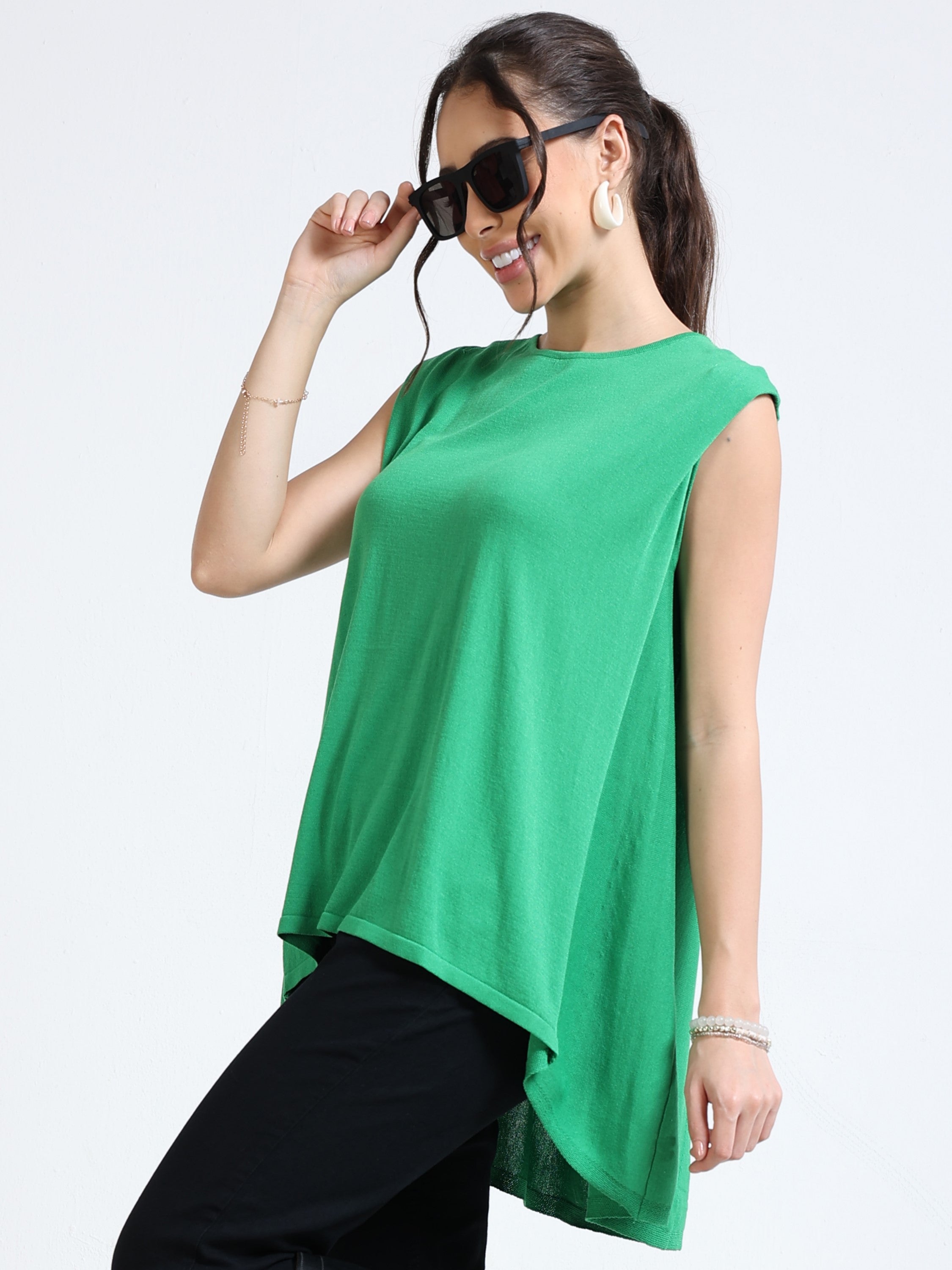 Women Green Knitted High Low Hem Top