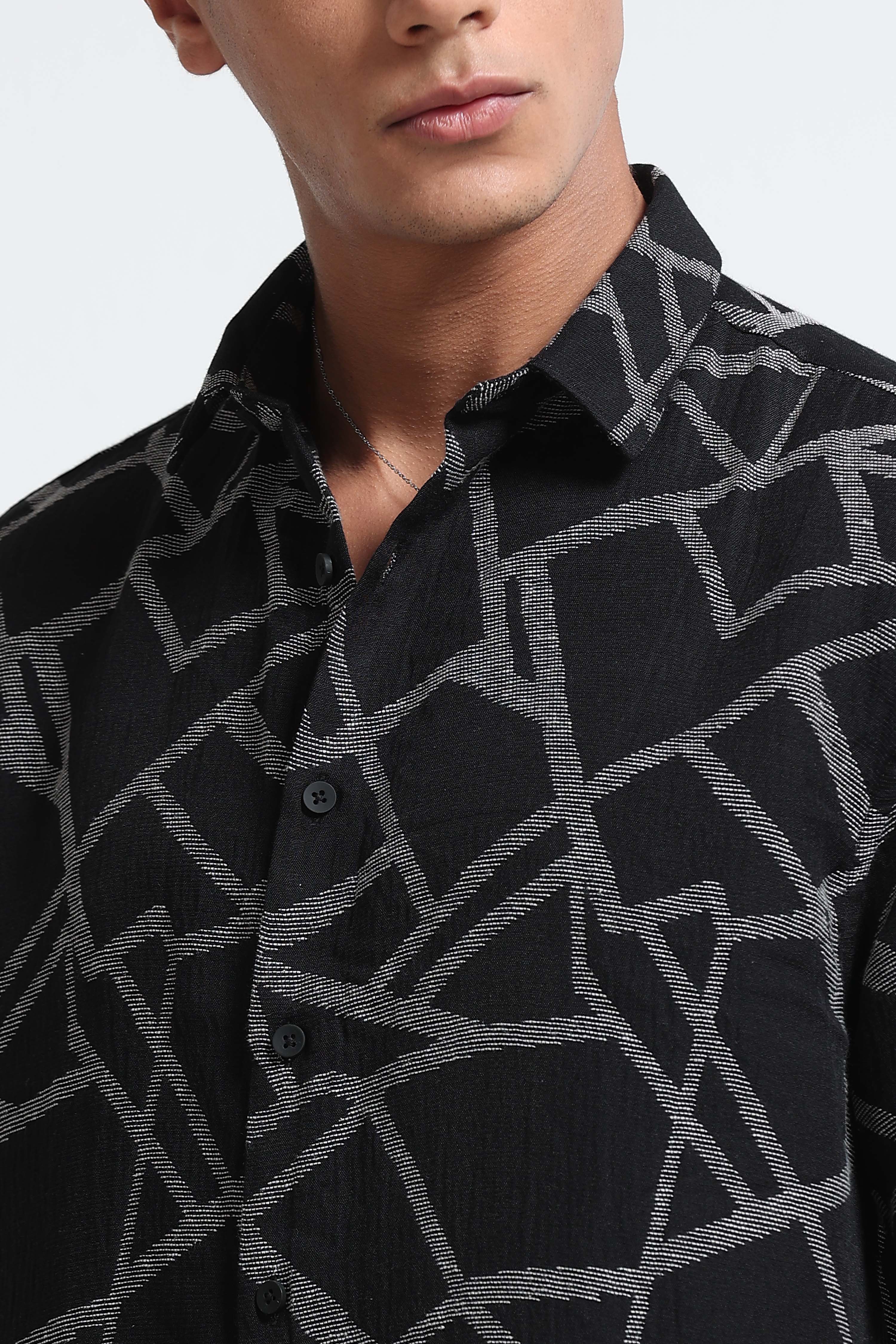 Men Off White Black Jacquard Boxy Fit Shirt