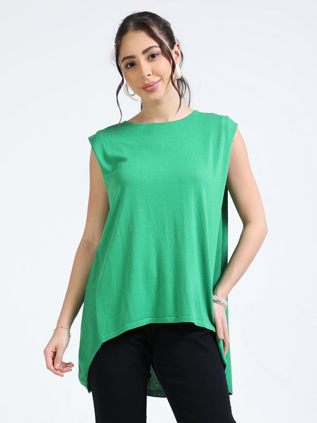 Women Green Knitted High Low Hem Top