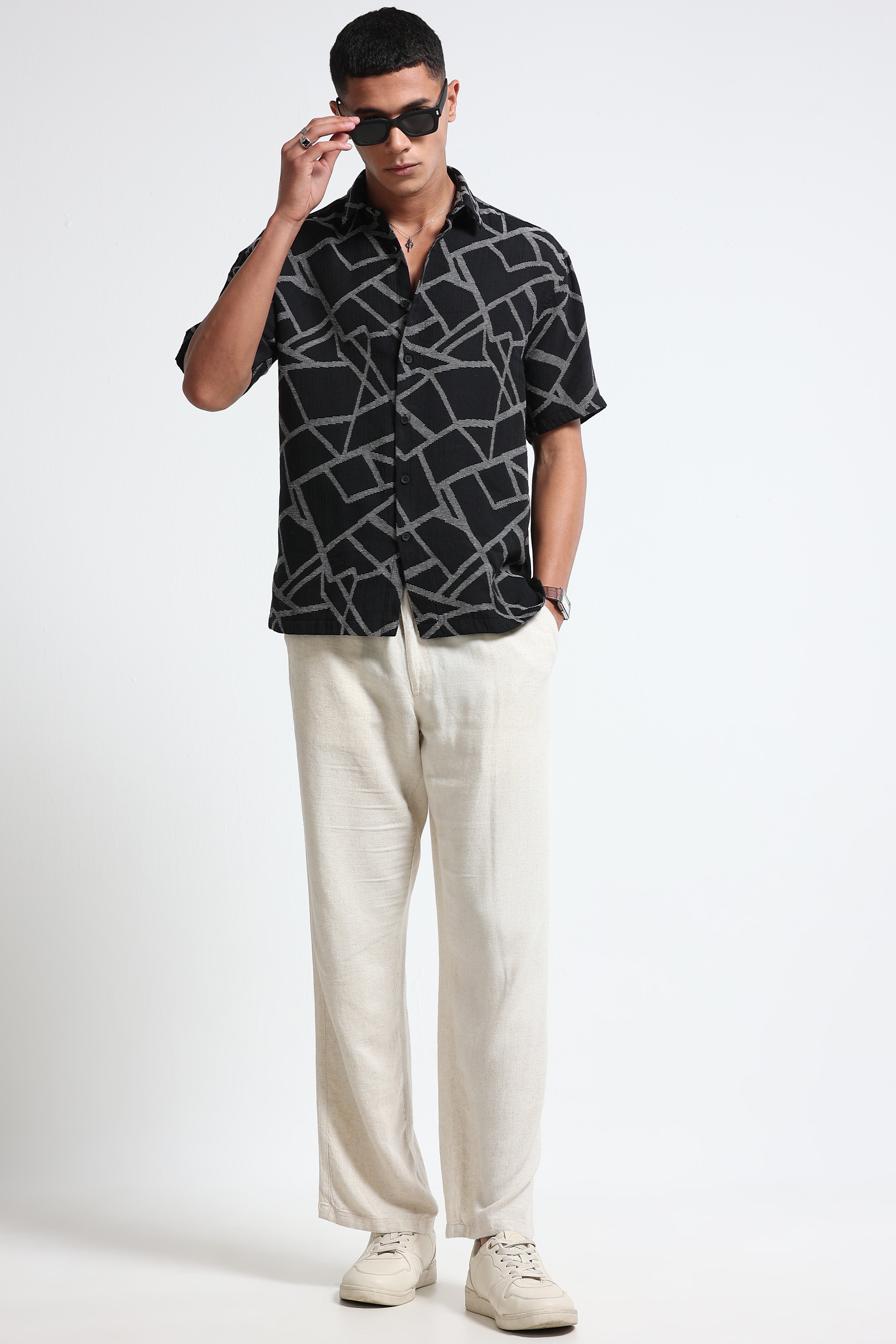 Men Off White Black Jacquard Boxy Fit Shirt