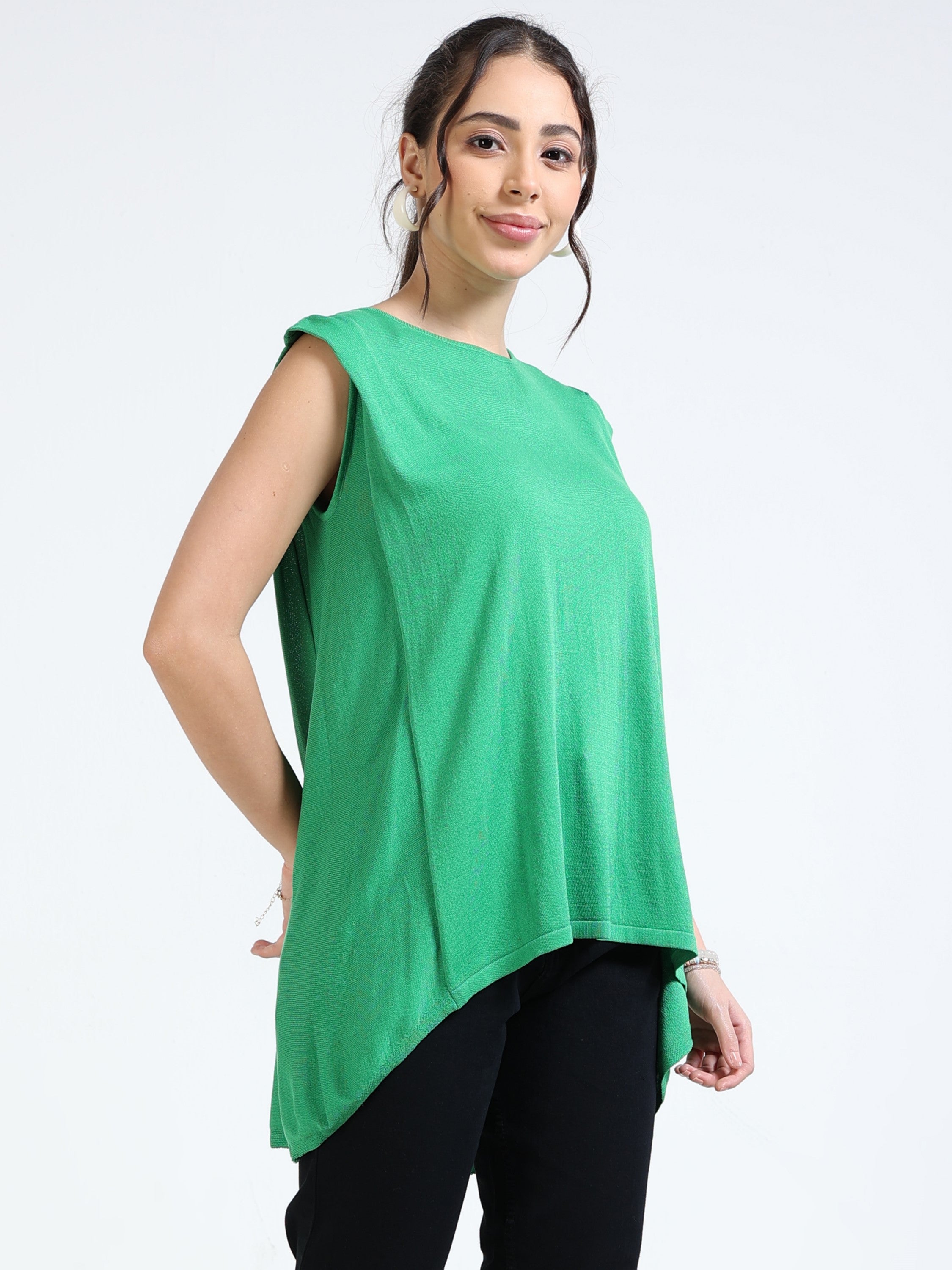 Women Green Knitted High Low Hem Top