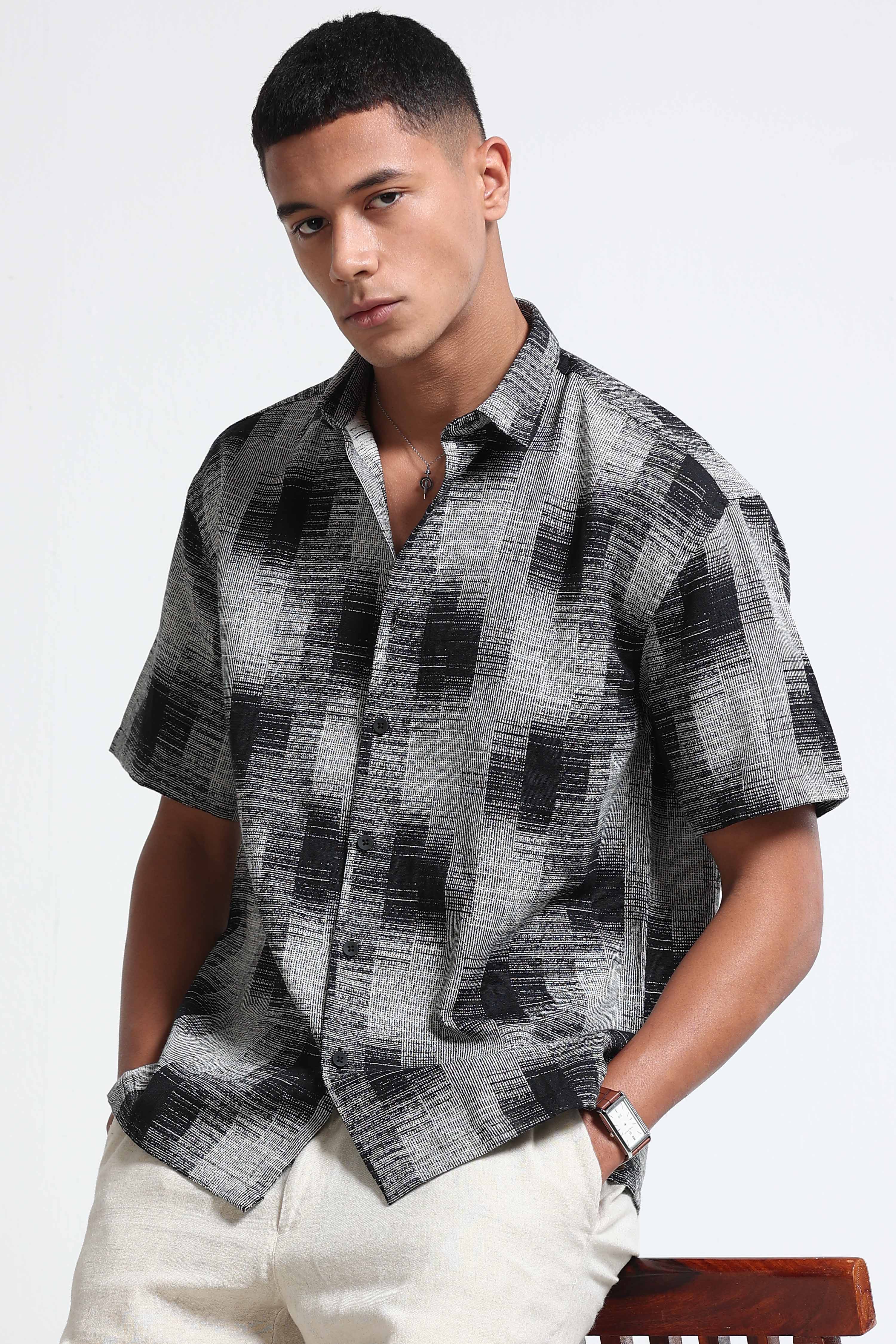 Men White & Black Jacquard Boxy Fit Shirt