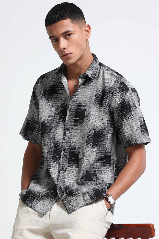 Men White & Black Jacquard Boxy Fit Shirt