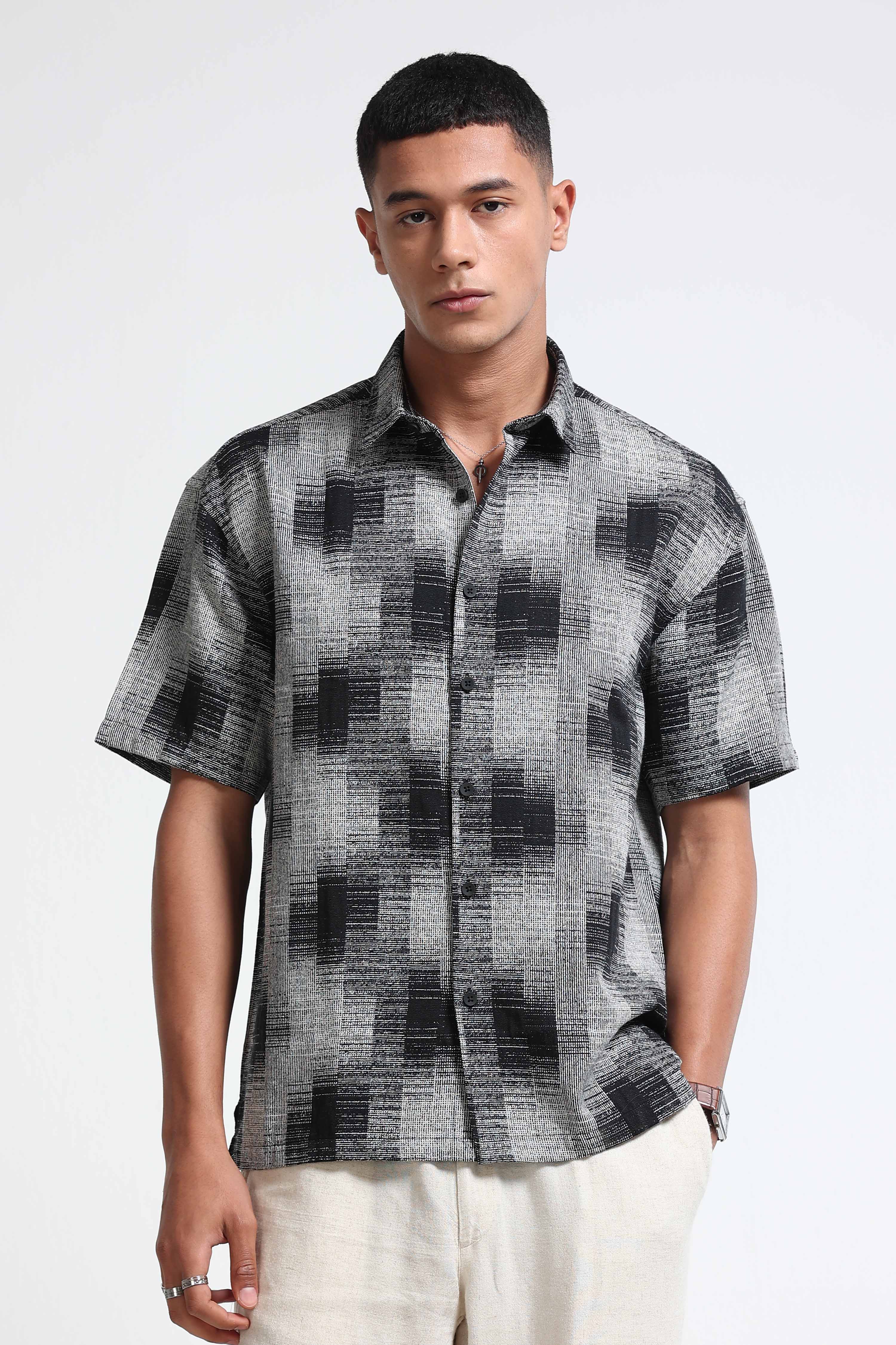 Men White & Black Jacquard Boxy Fit Shirt