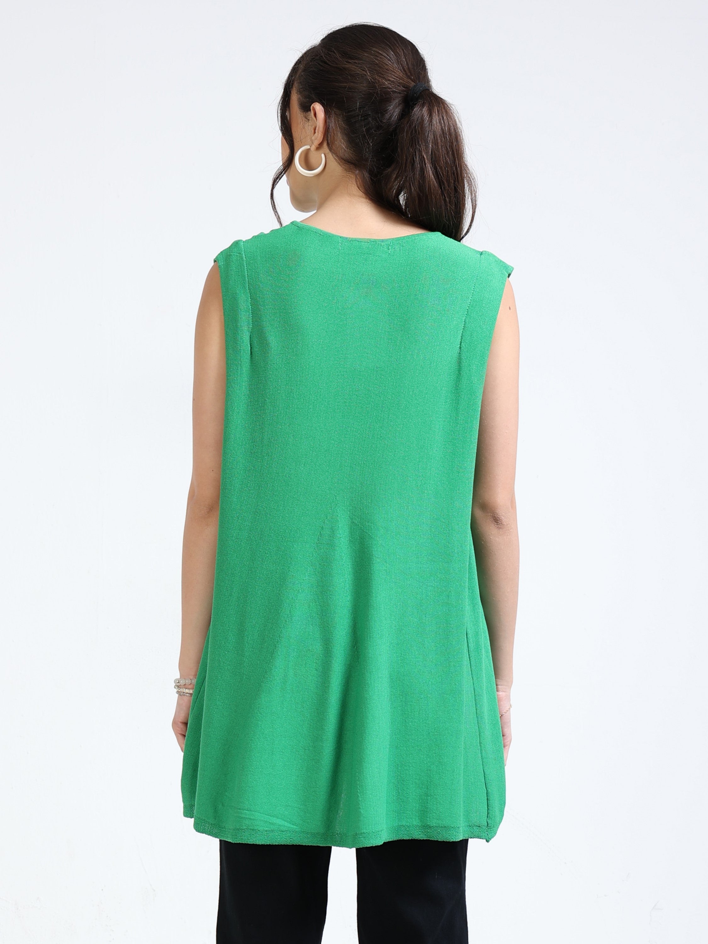 Women Green Knitted High Low Hem Top