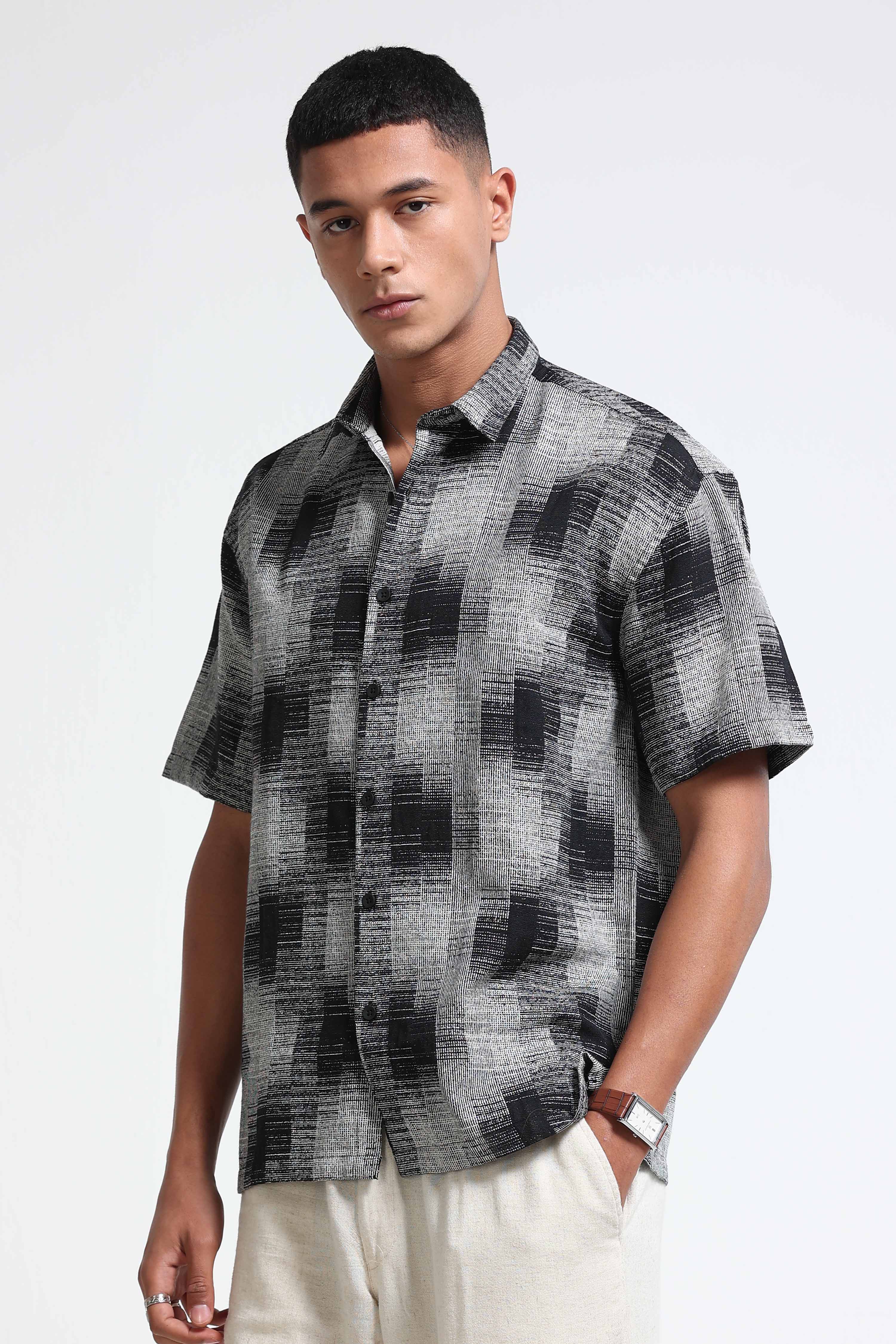 Men White & Black Jacquard Boxy Fit Shirt