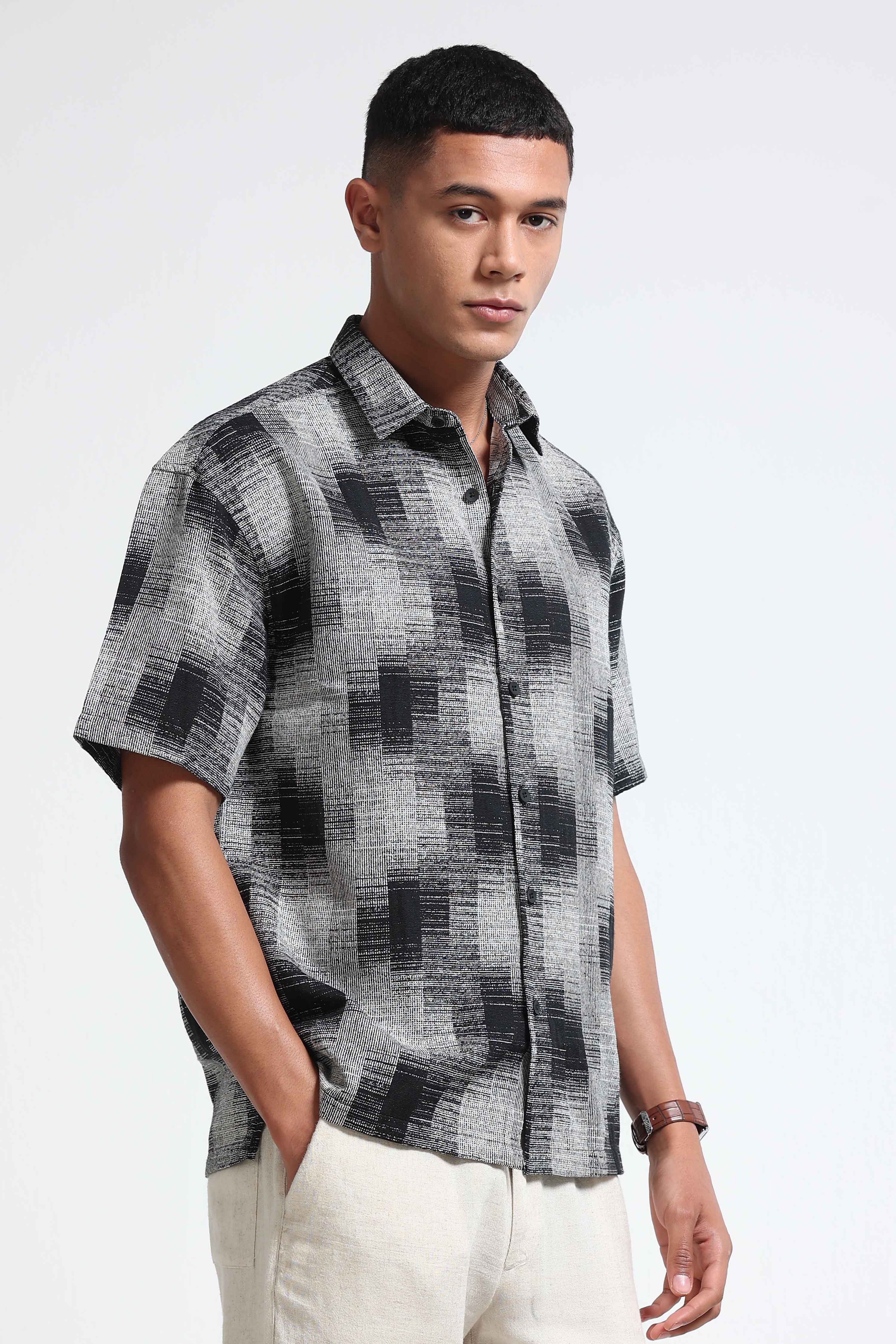 Men White & Black Jacquard Boxy Fit Shirt