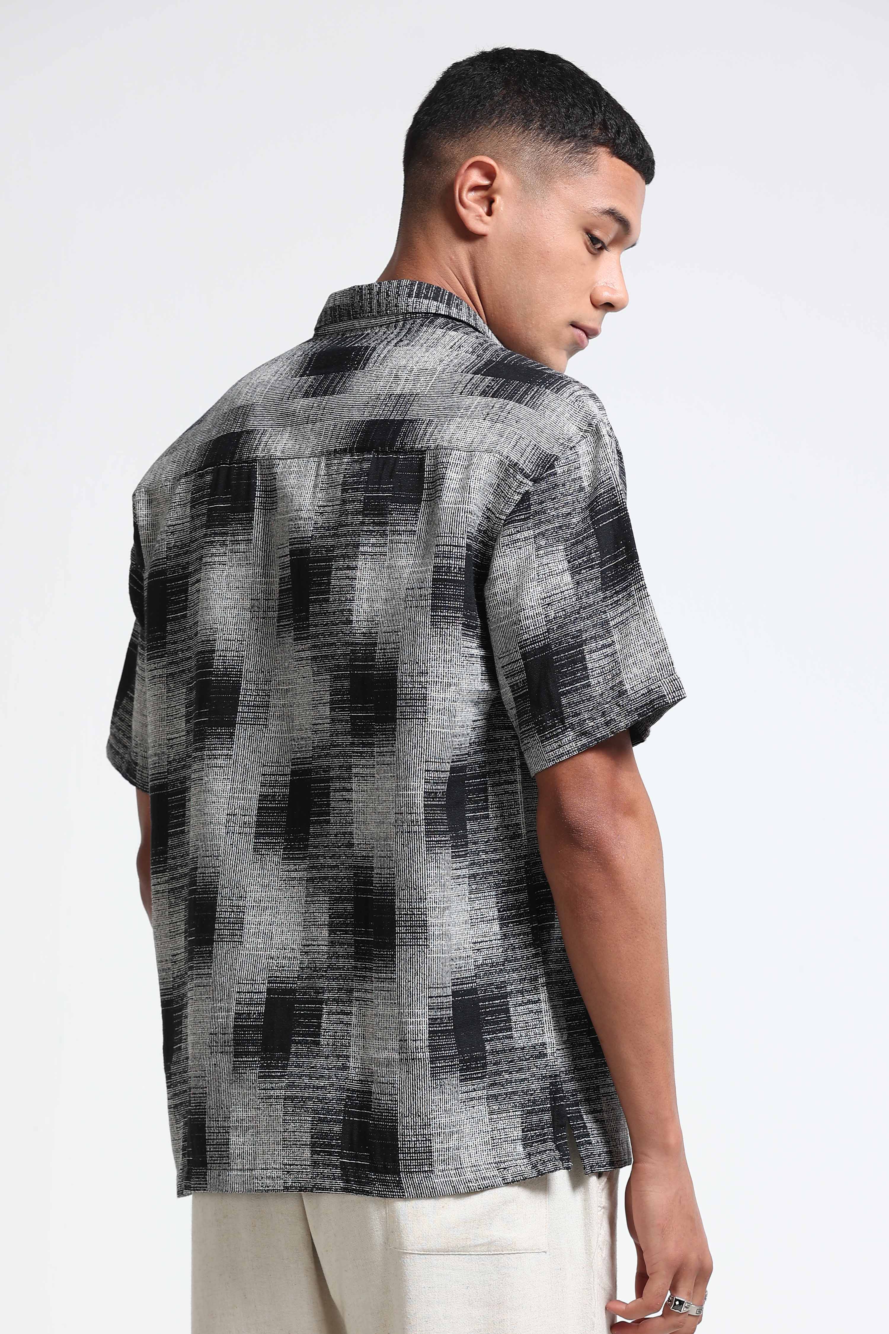 Men White & Black Jacquard Boxy Fit Shirt