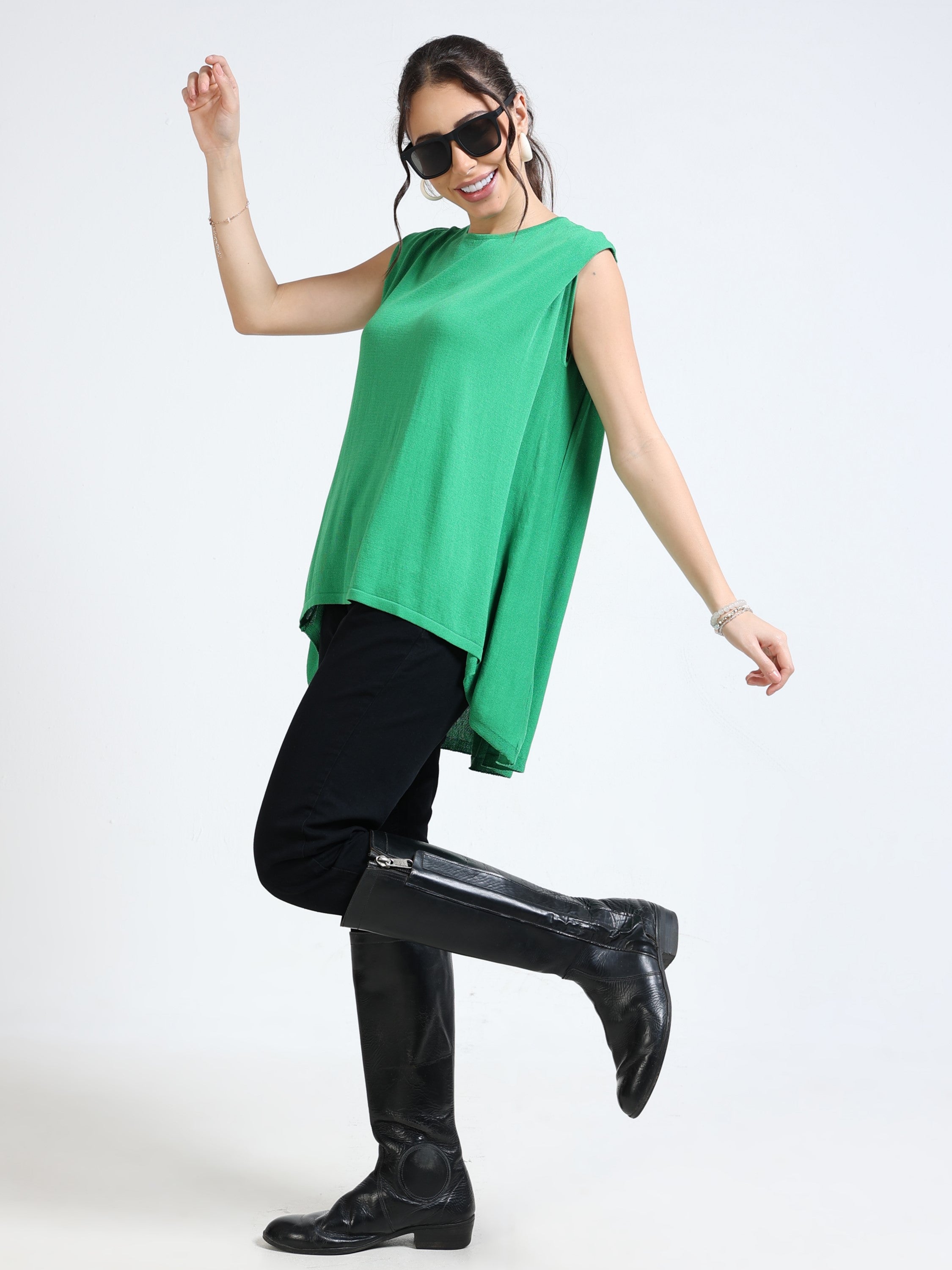 Women Green Knitted High Low Hem Top