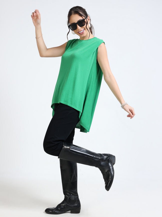 Women Green Knitted High Low Hem Top