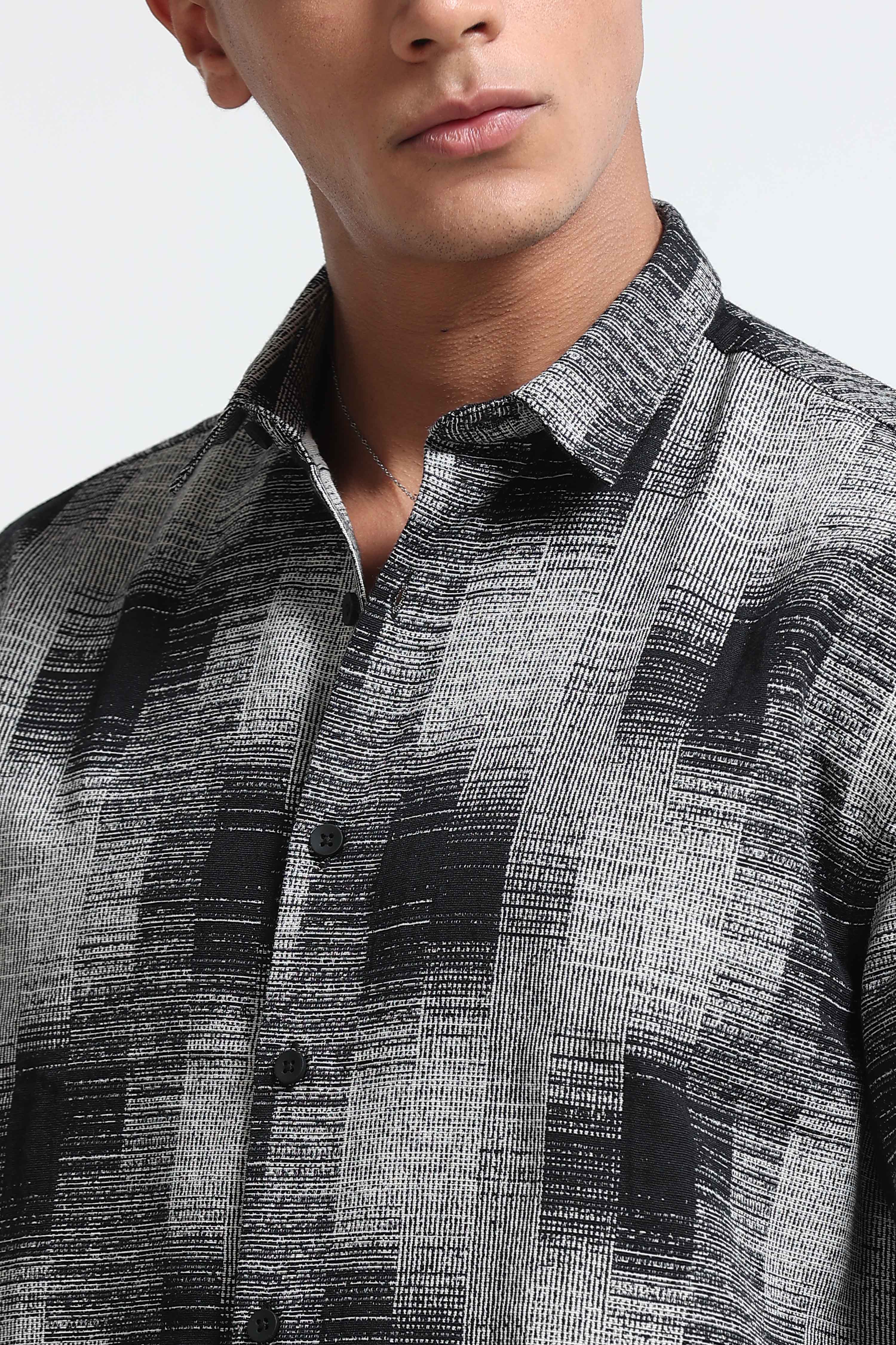Men White & Black Jacquard Boxy Fit Shirt