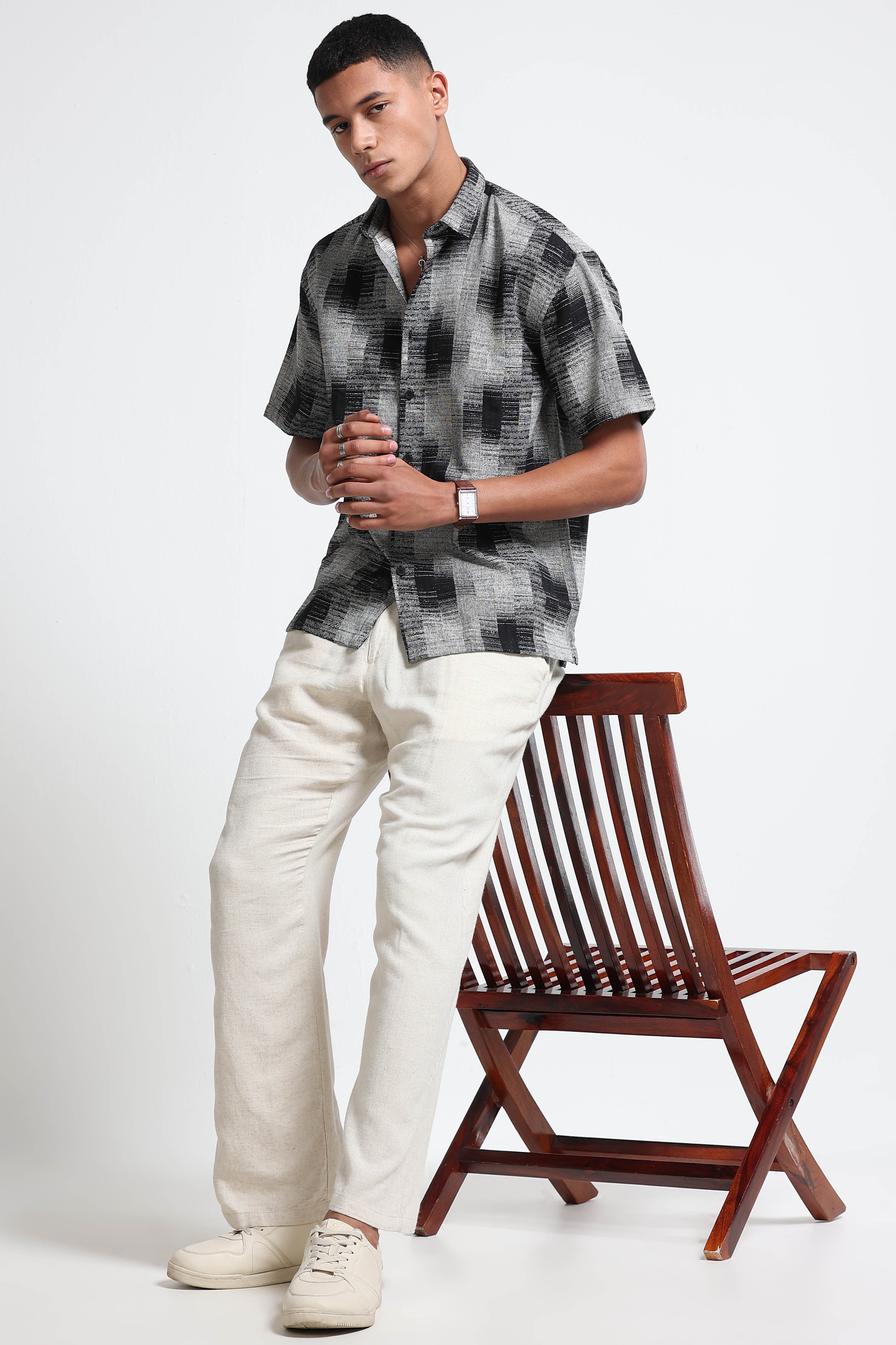 Men White & Black Jacquard Boxy Fit Shirt