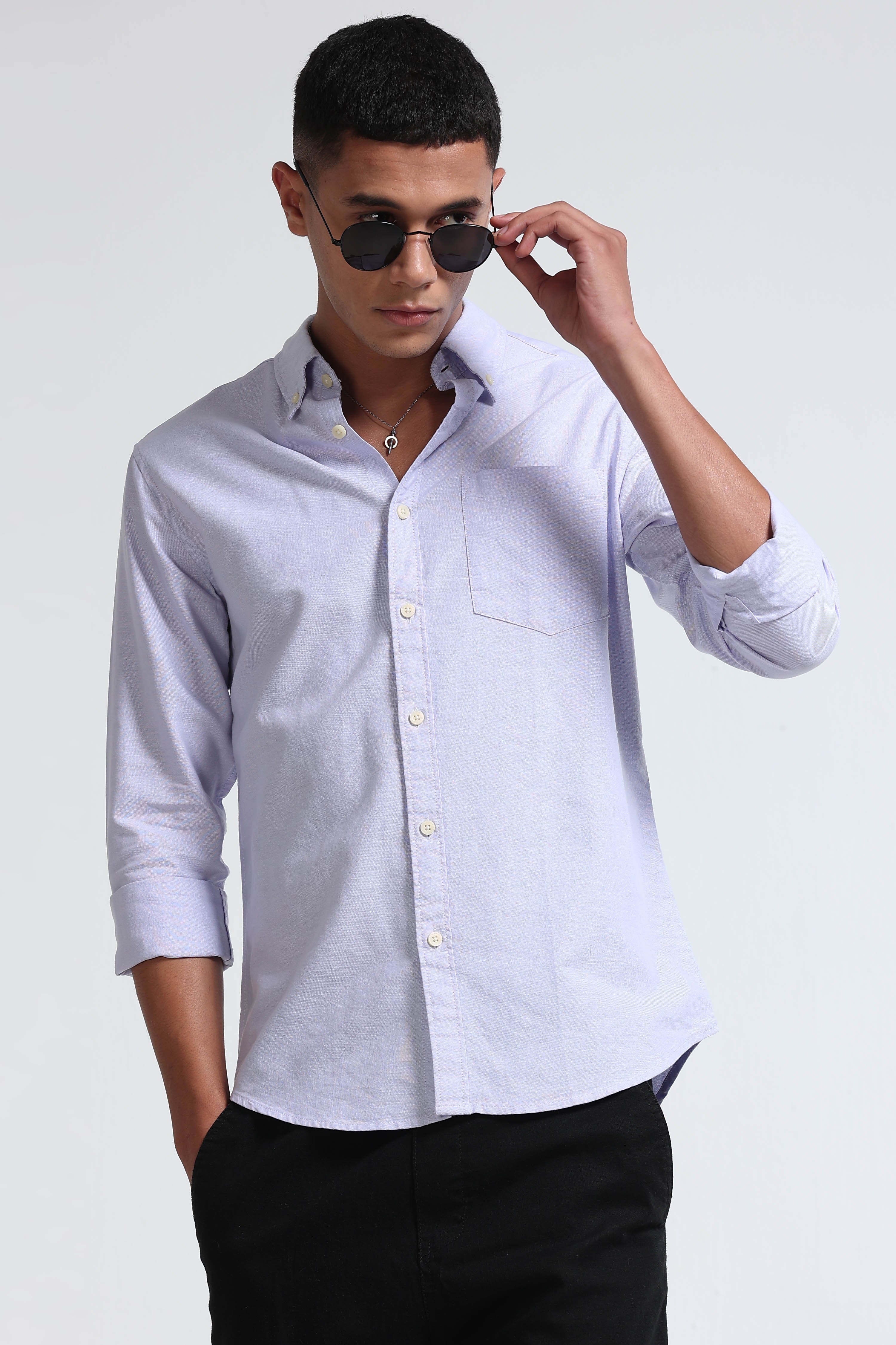 Men Lavender Cotton Oxford Slim Fit Shirt