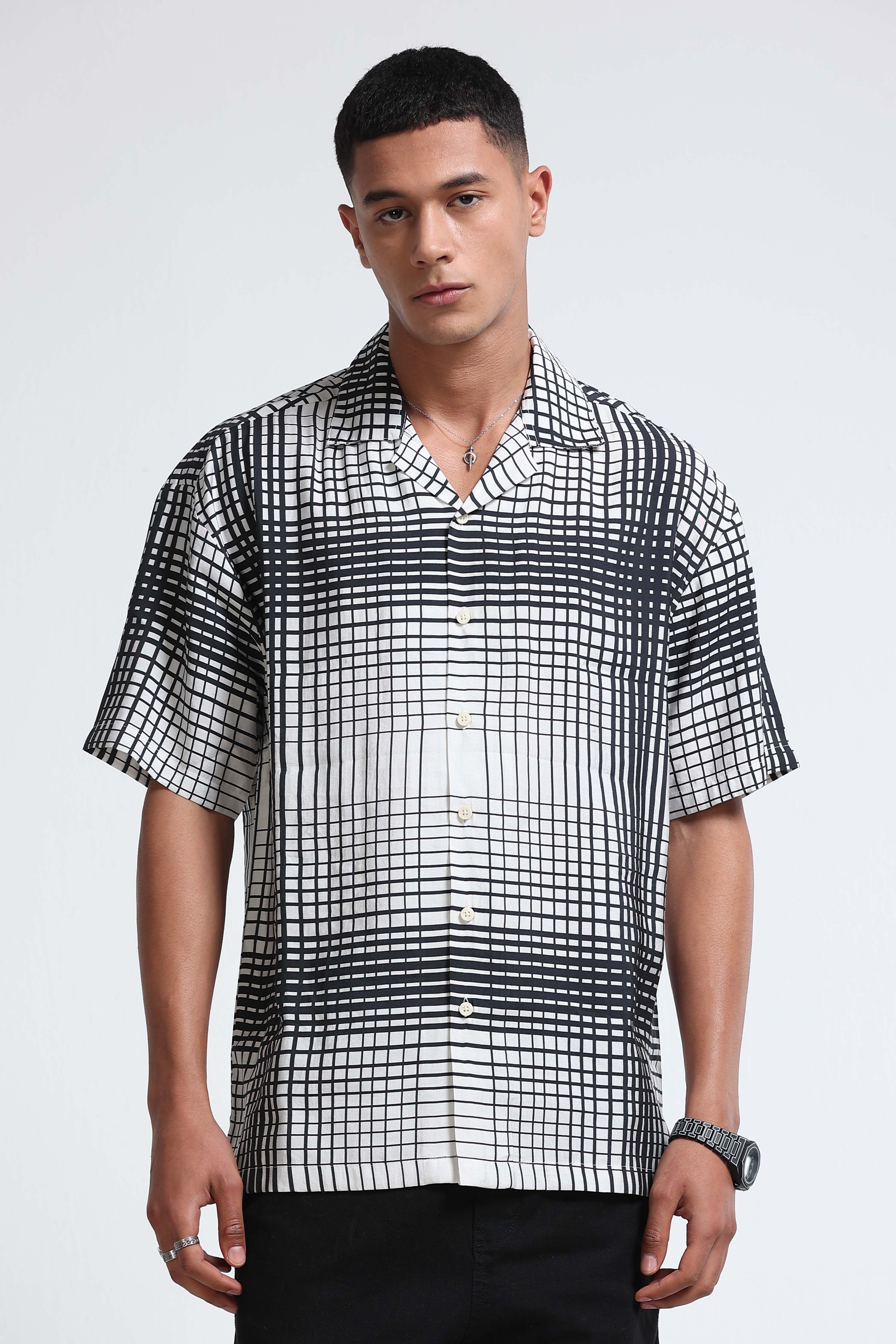 Men Black & White Oversized Panel Print Shirt