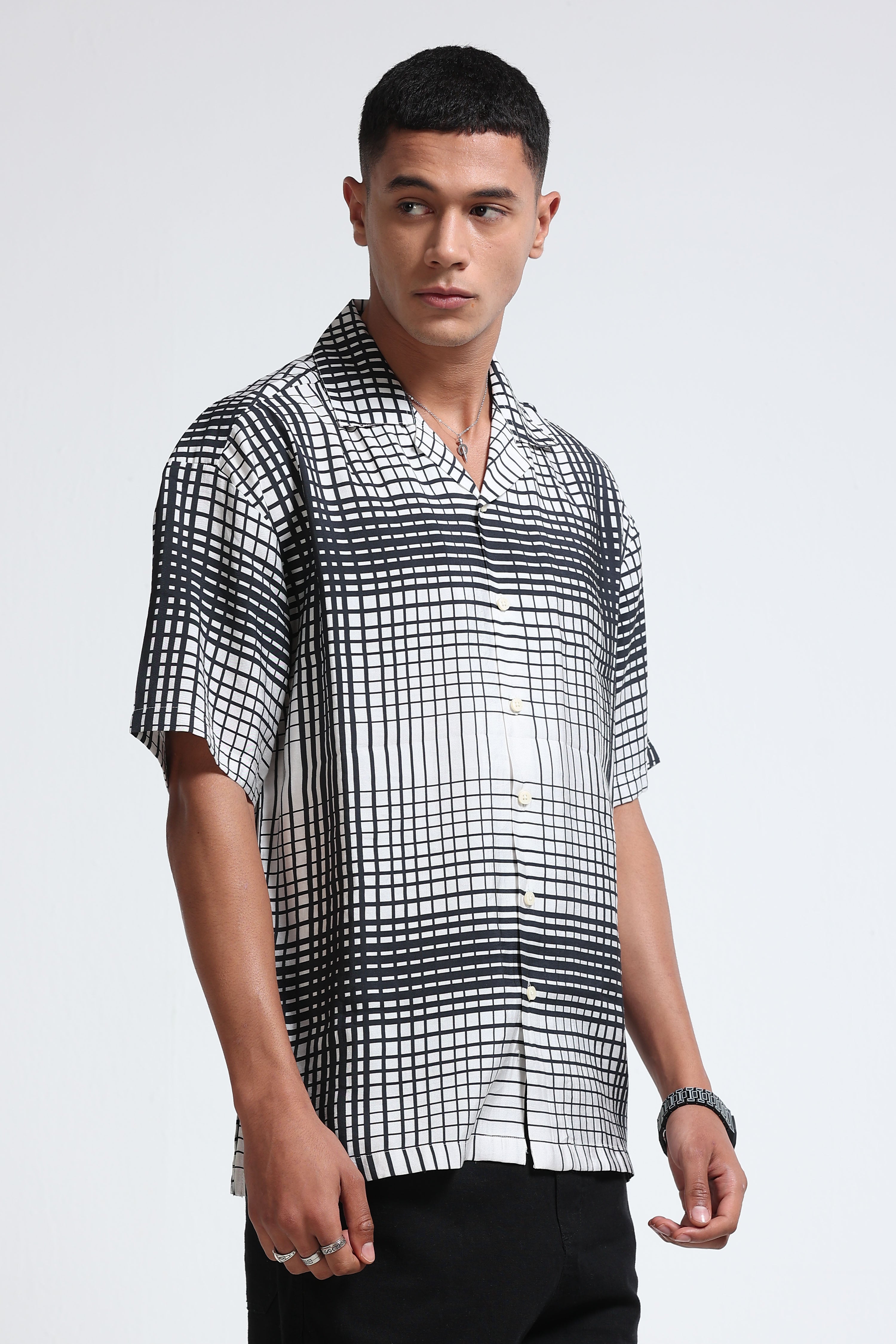 Men Black & White Oversized Panel Print Shirt