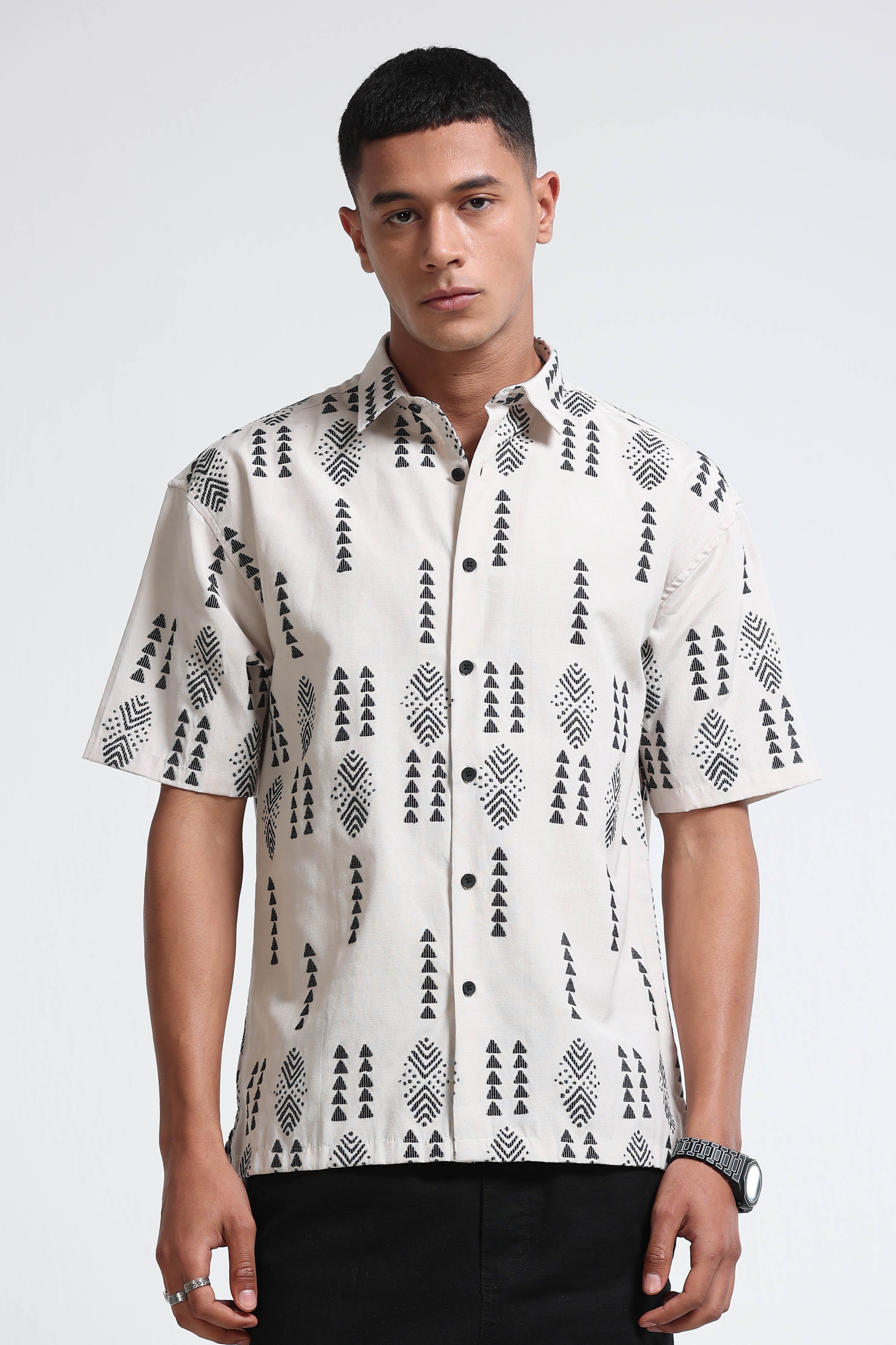 Men Cream Black Jacquard Shirt