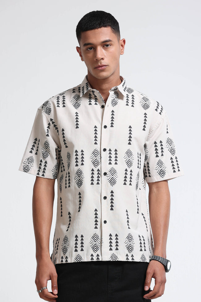 Men Cream Black Jacquard Shirt