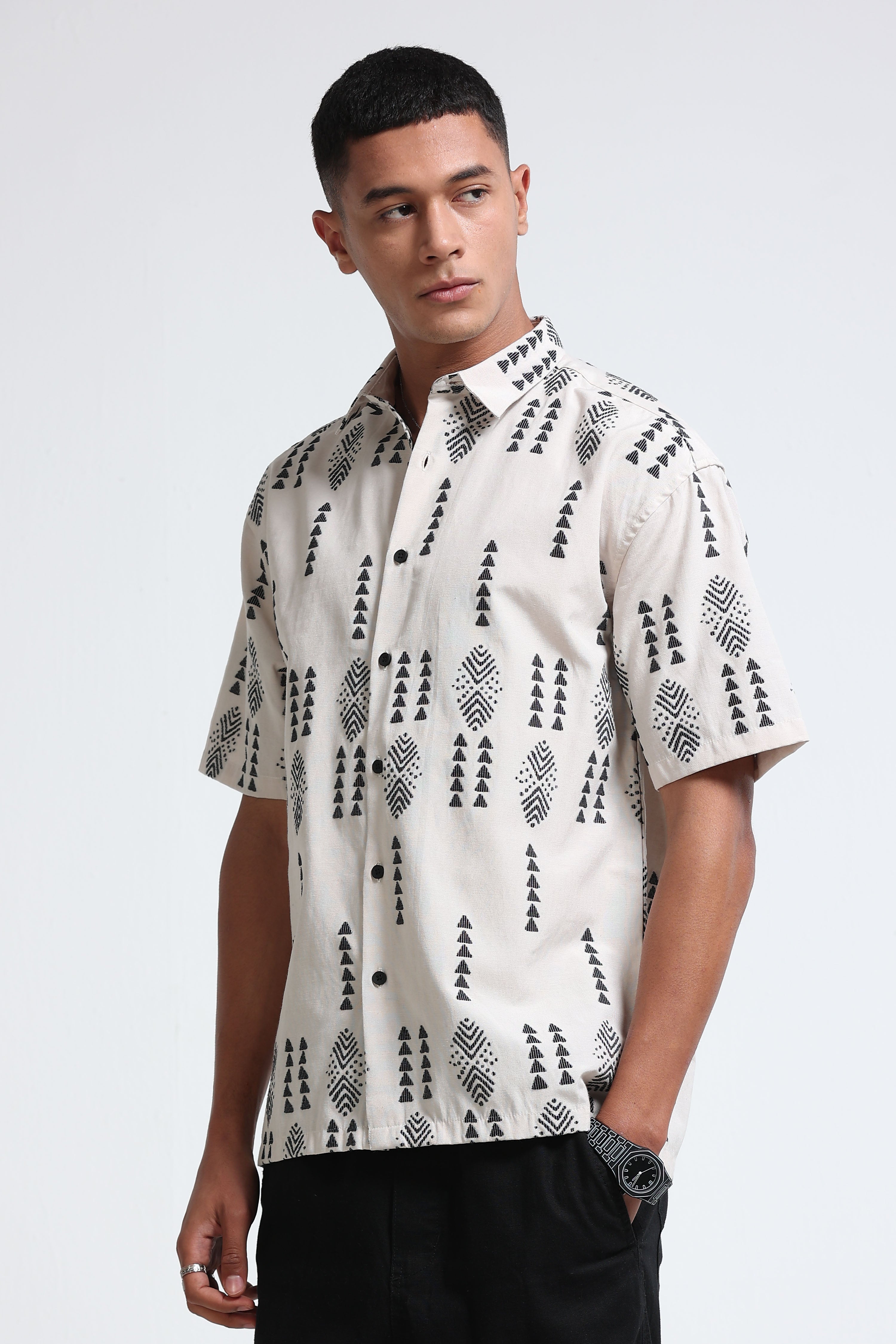 Men Cream Black Jacquard Shirt