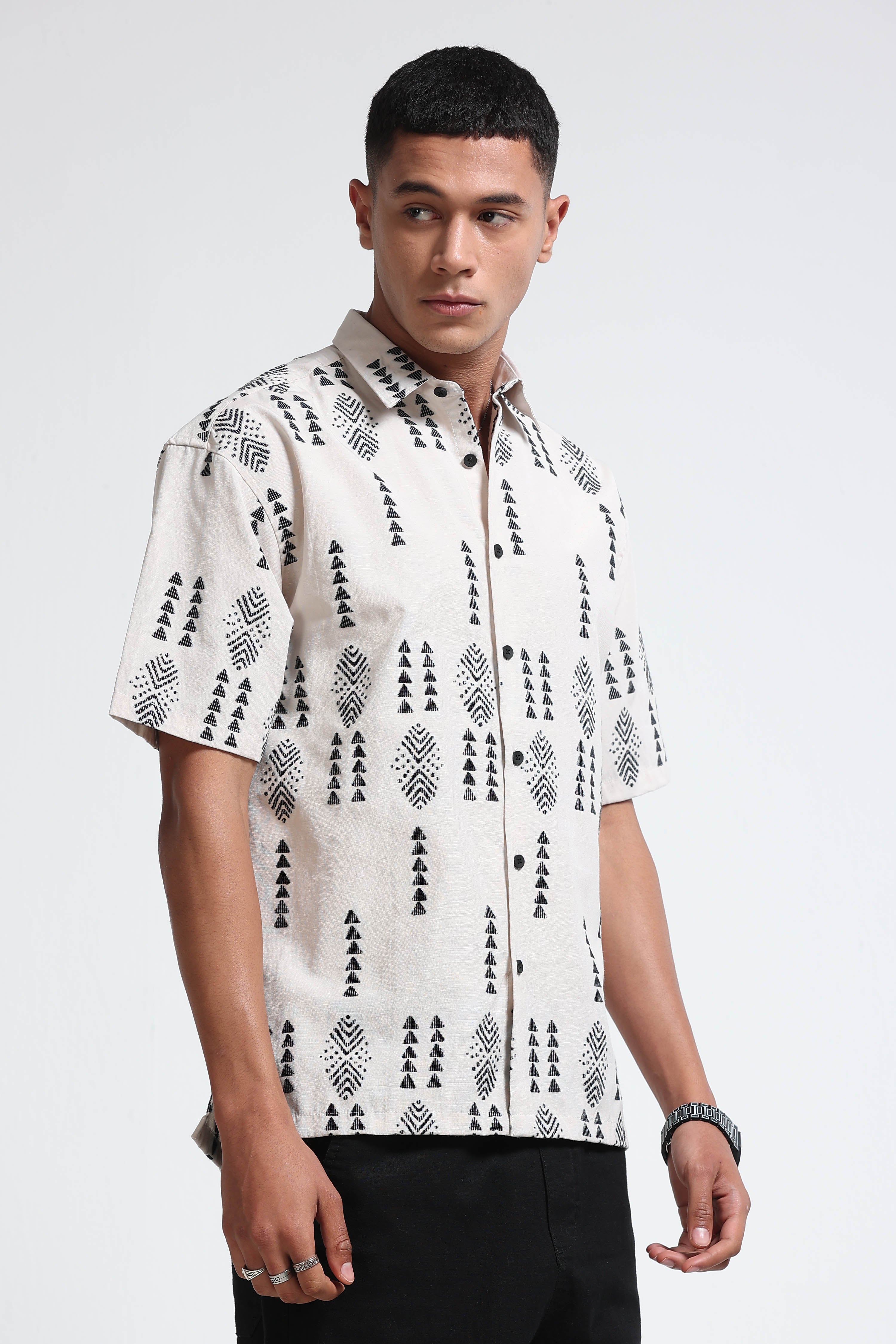 Men Cream Black Jacquard Shirt