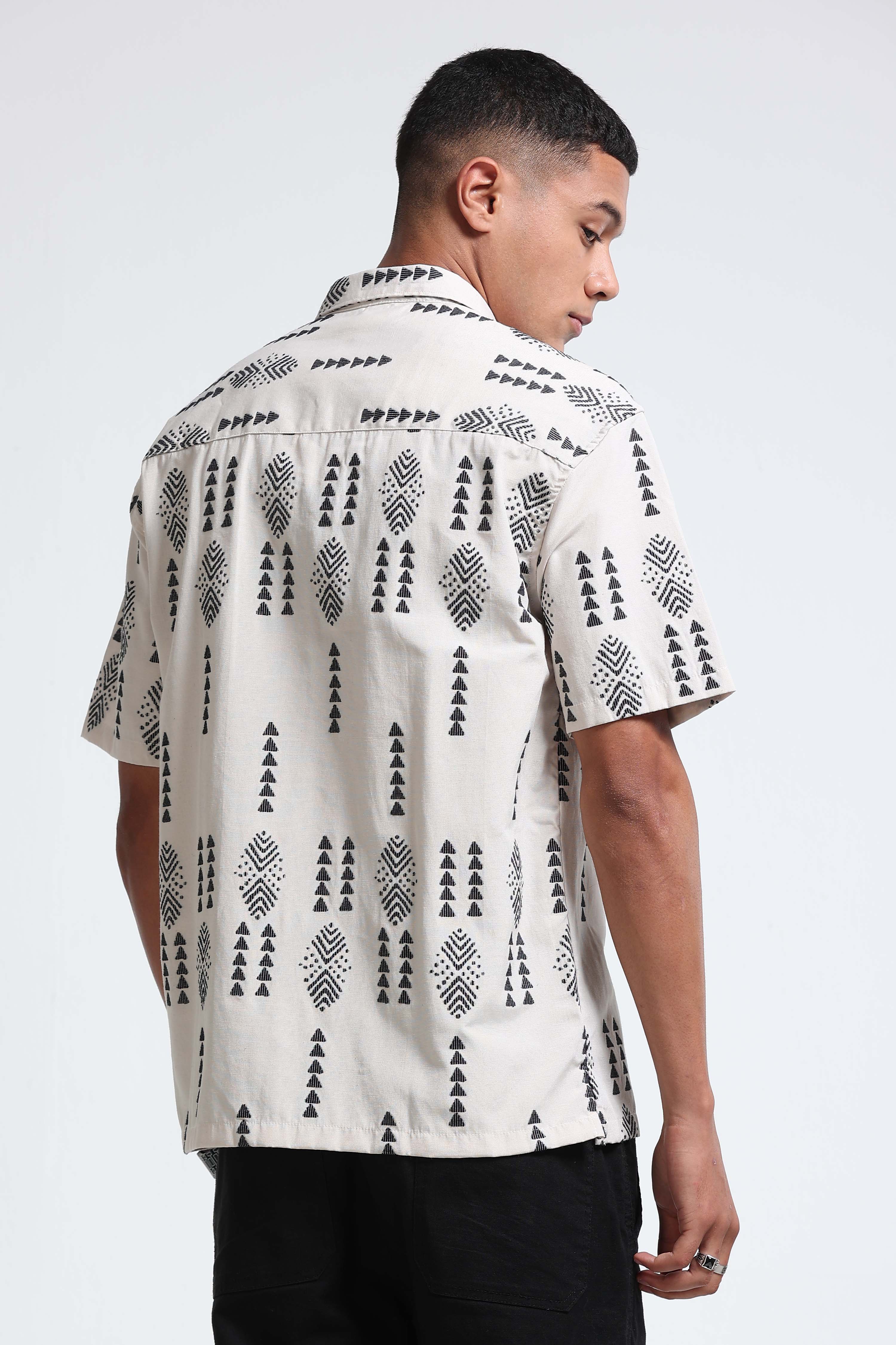Men Cream Black Jacquard Shirt