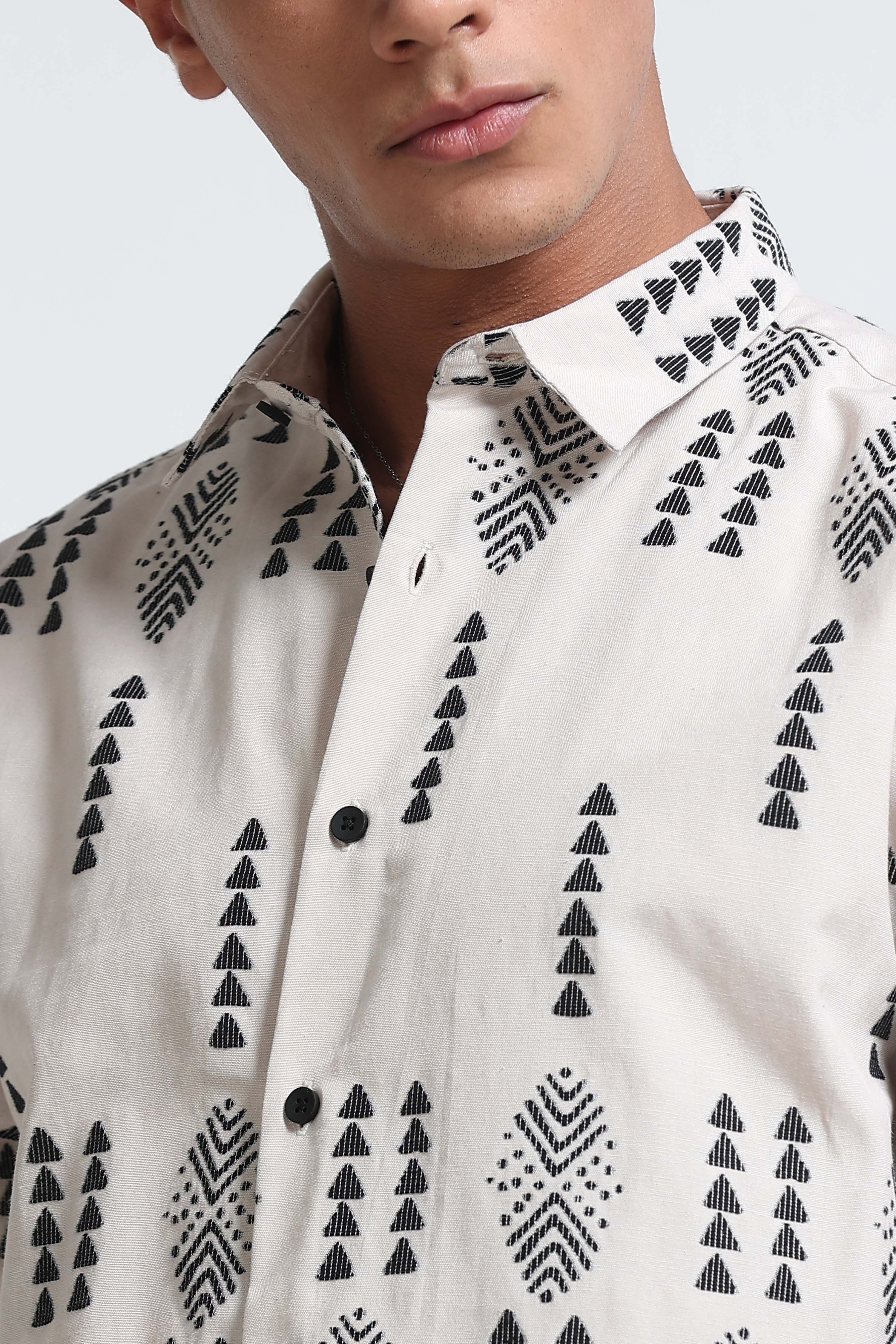 Men Cream Black Jacquard Shirt