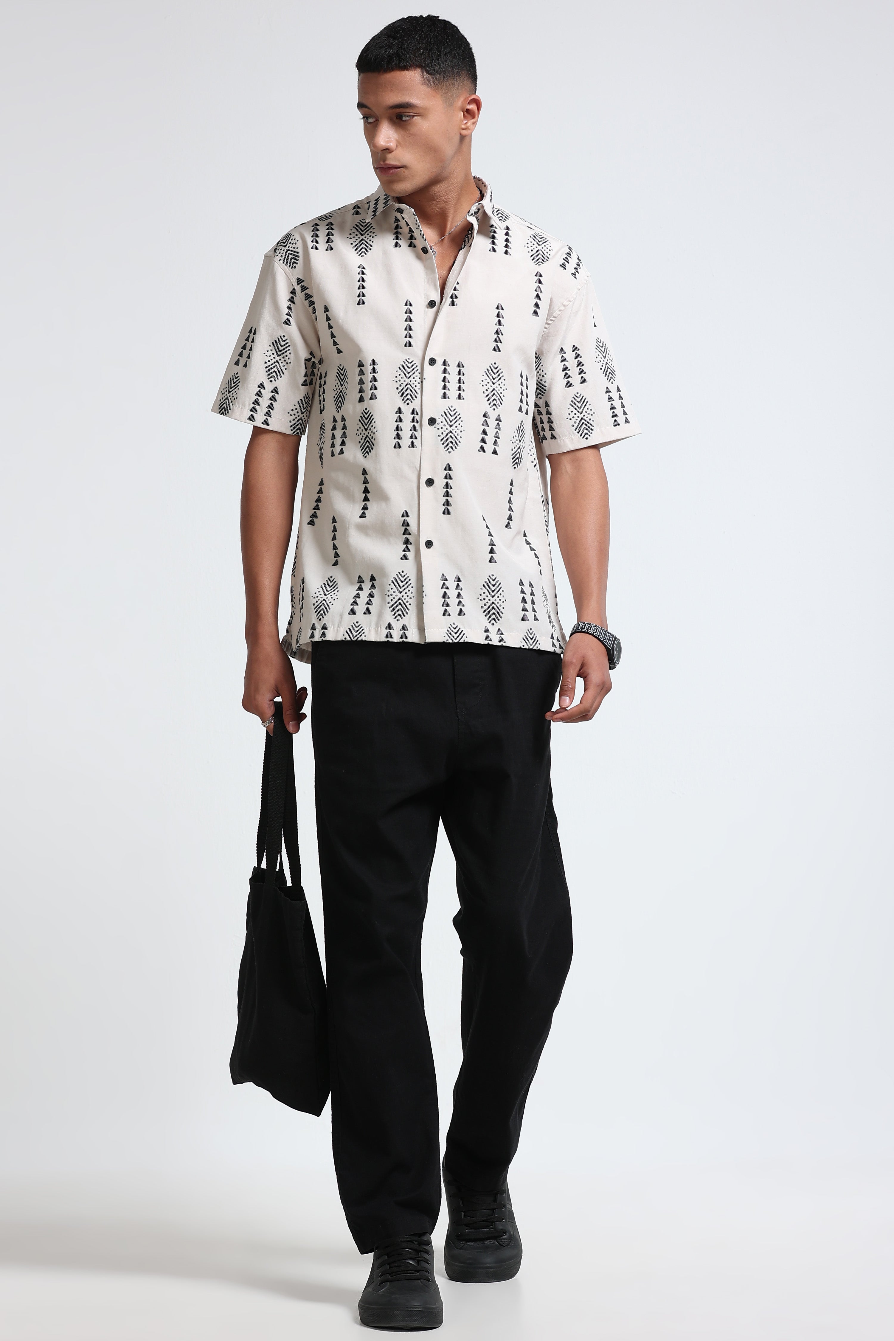 Men Cream Black Jacquard Shirt