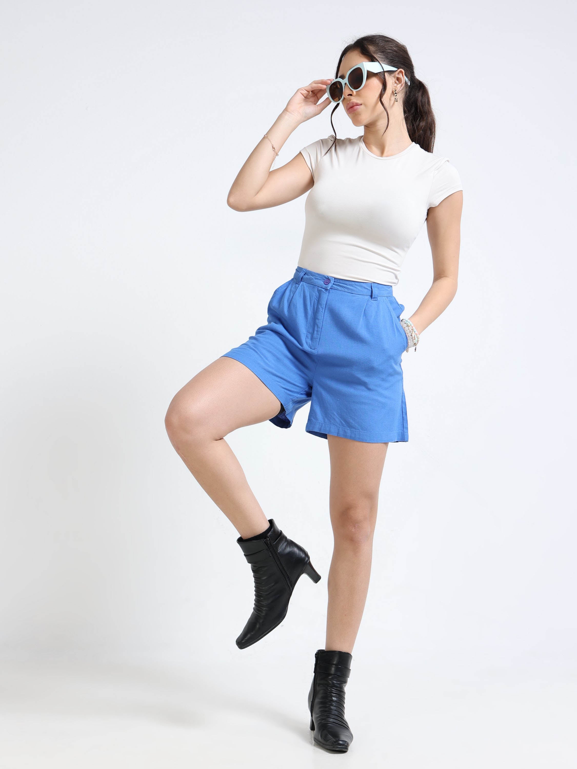 Women Blue Cotton Blend Shorts
