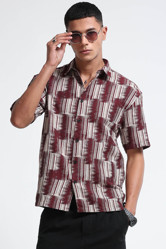 Men Maroon Jacquard Boxy Fit Shirt
