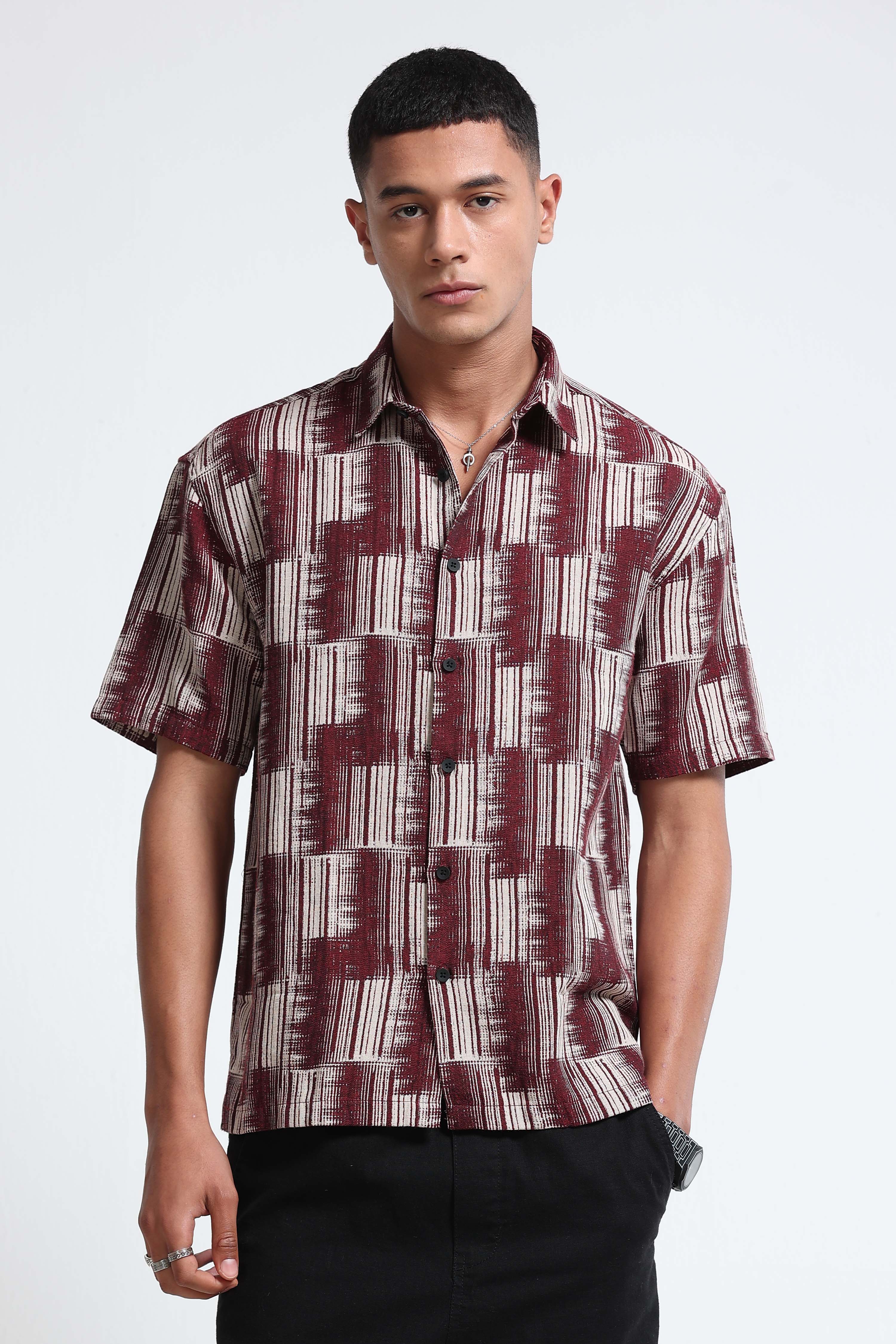 Men Maroon Jacquard Boxy Fit Shirt