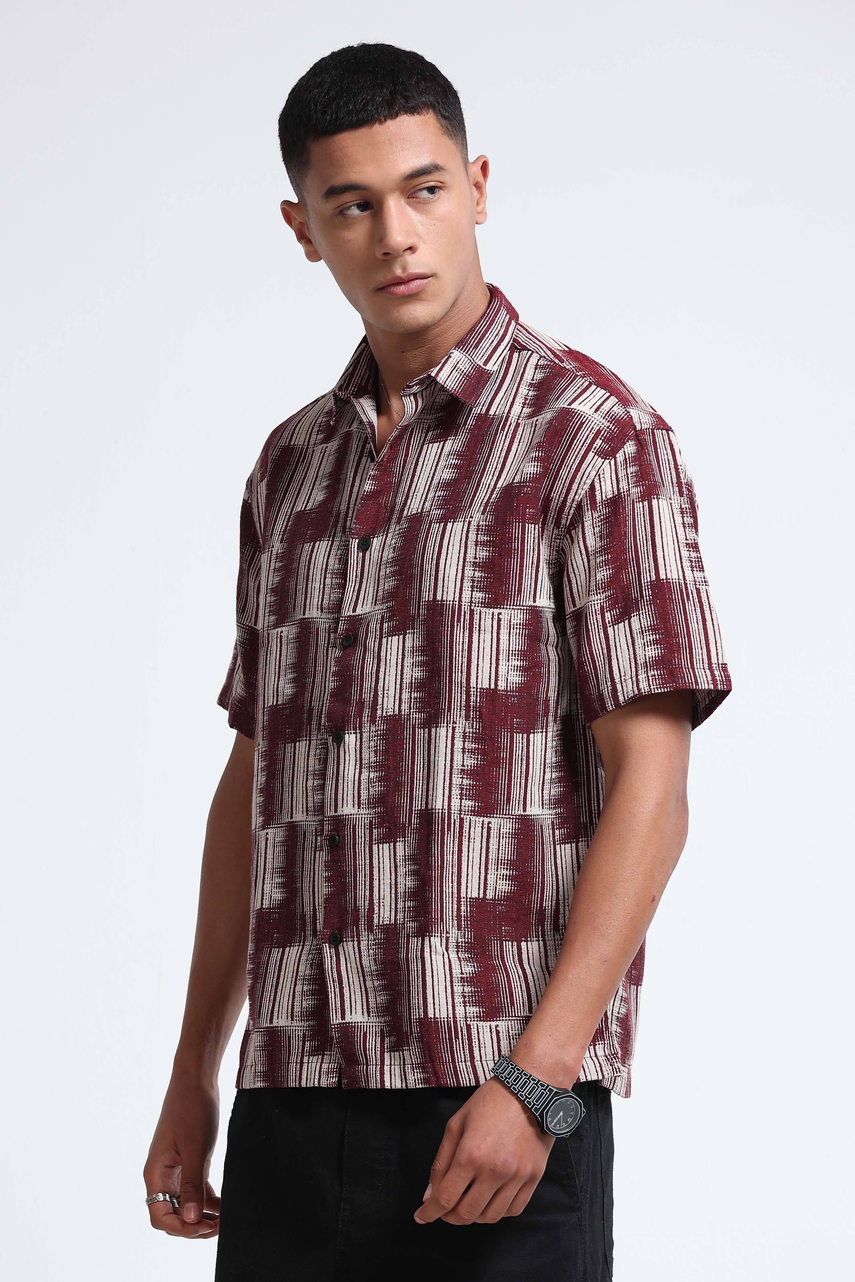 Men Maroon Jacquard Boxy Fit Shirt