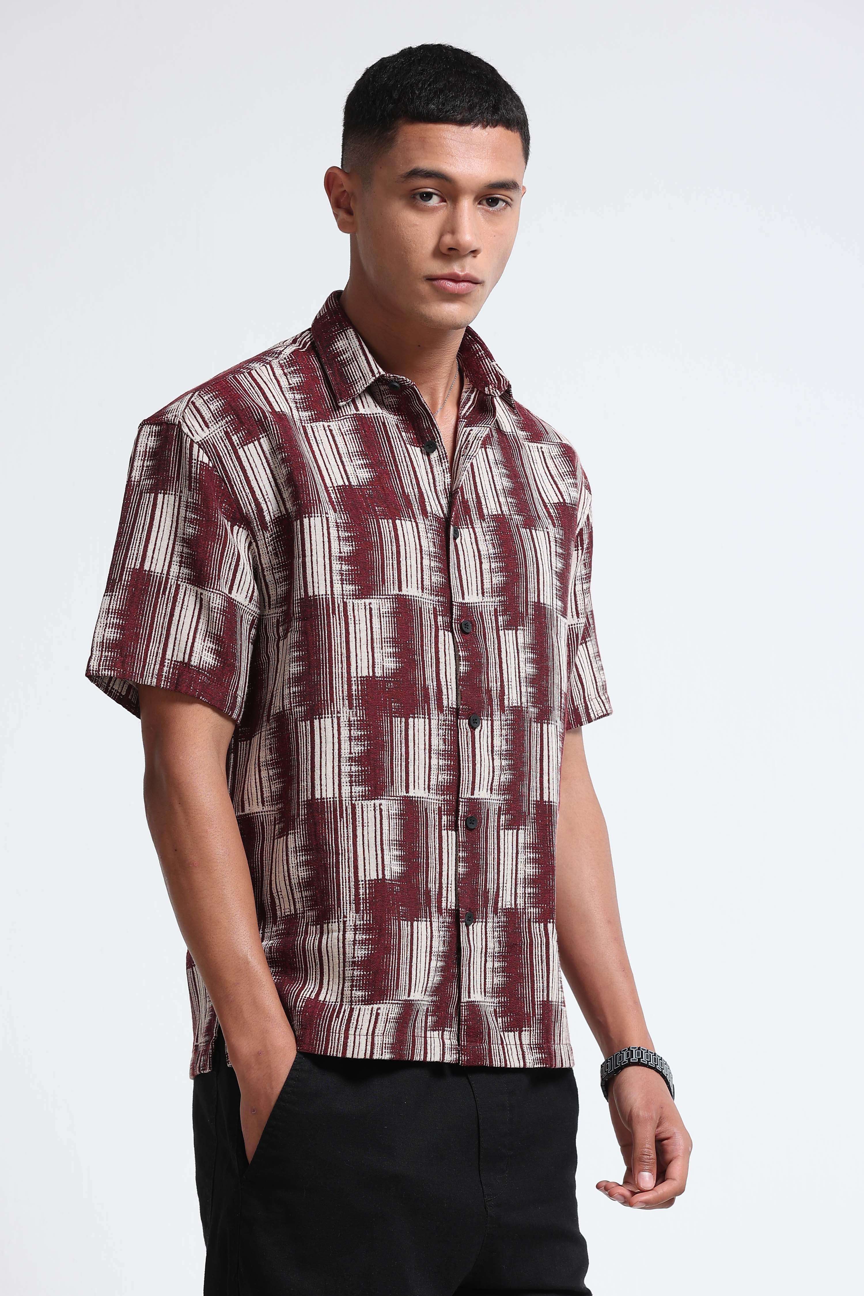 Men Maroon Jacquard Boxy Fit Shirt