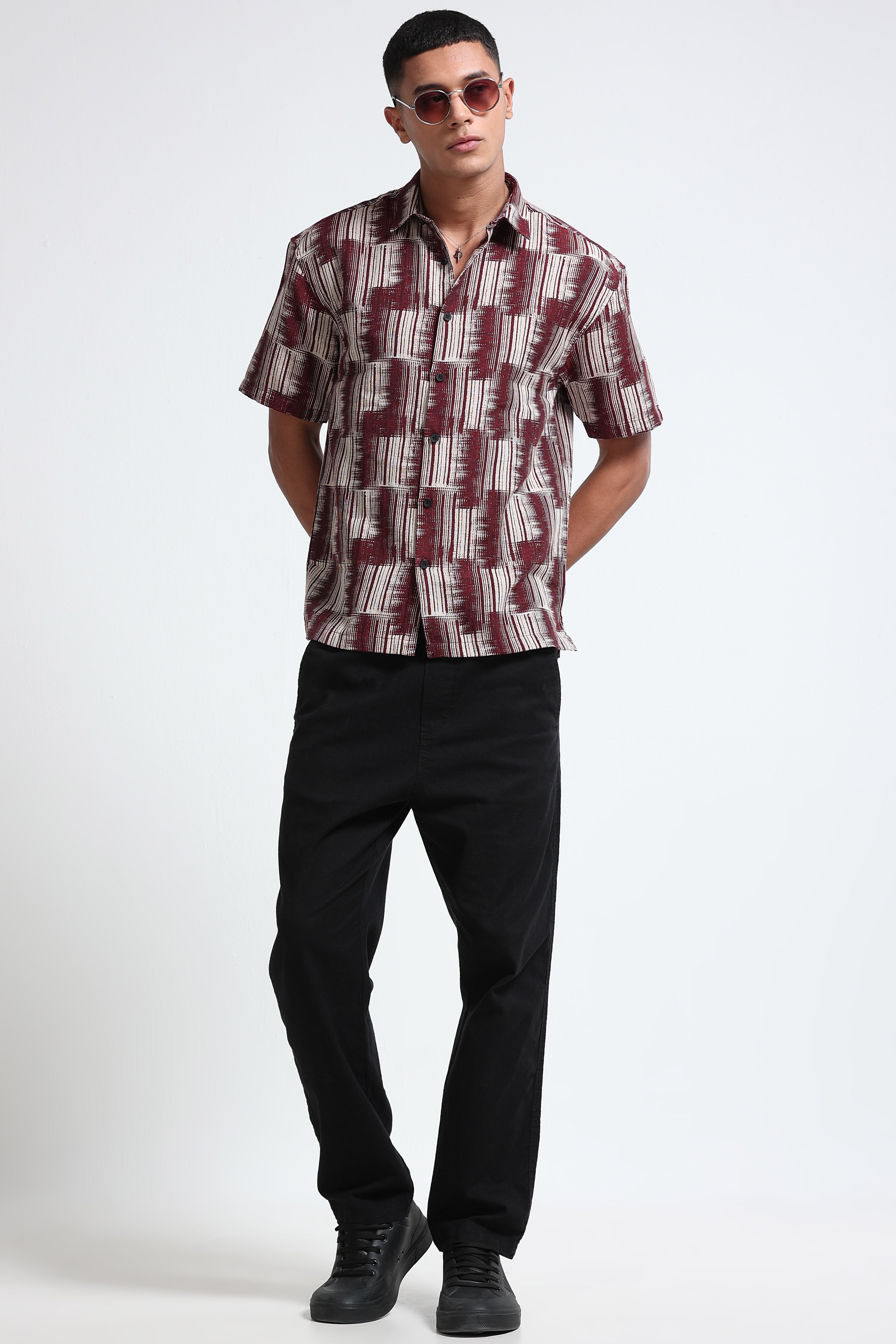 Men Maroon Jacquard Boxy Fit Shirt