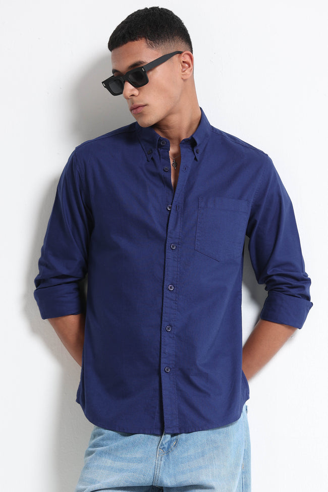 Men Blue Cotton Oxford Solid Shirt