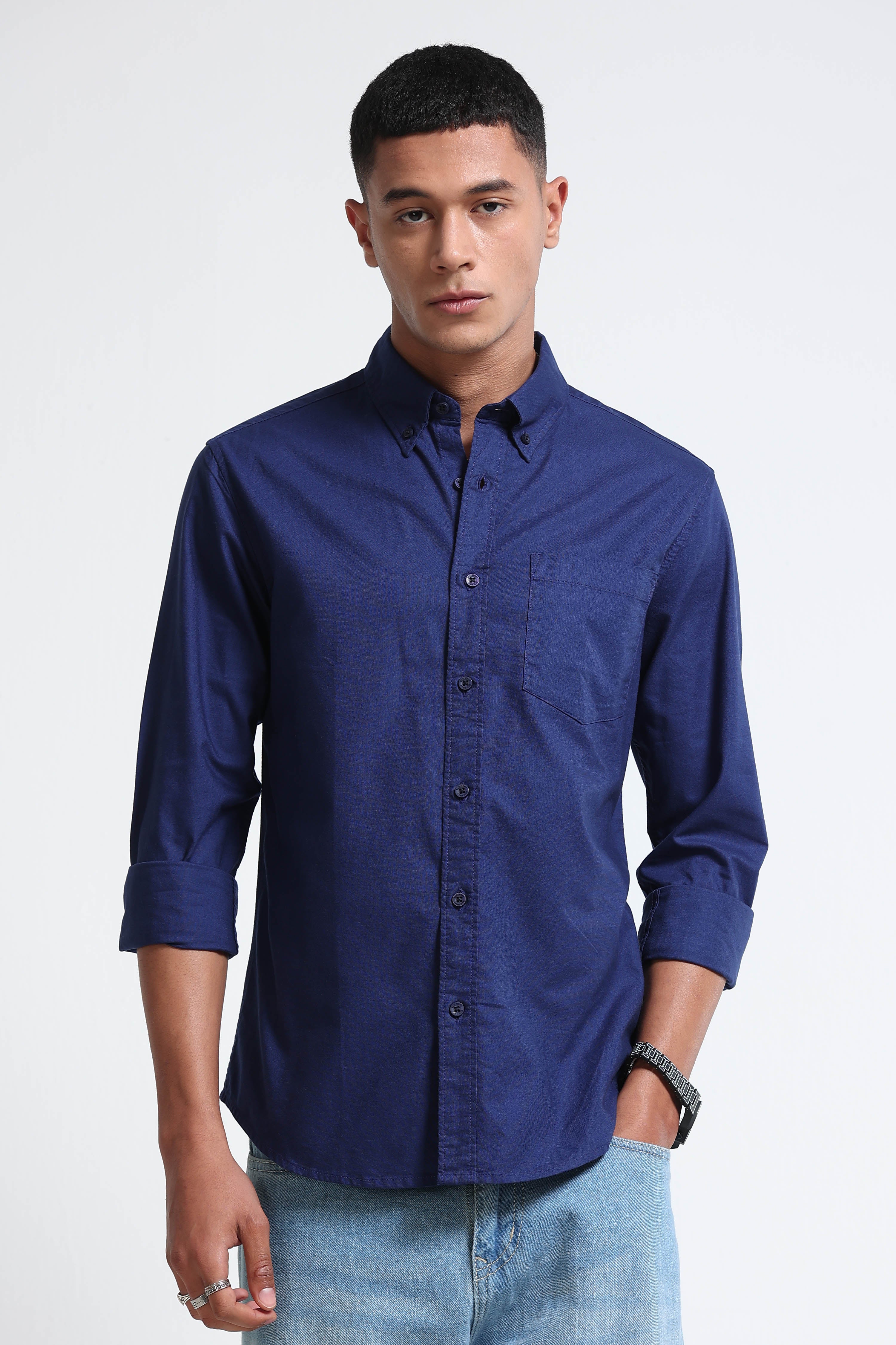 Men Blue Cotton Oxford Solid Shirt