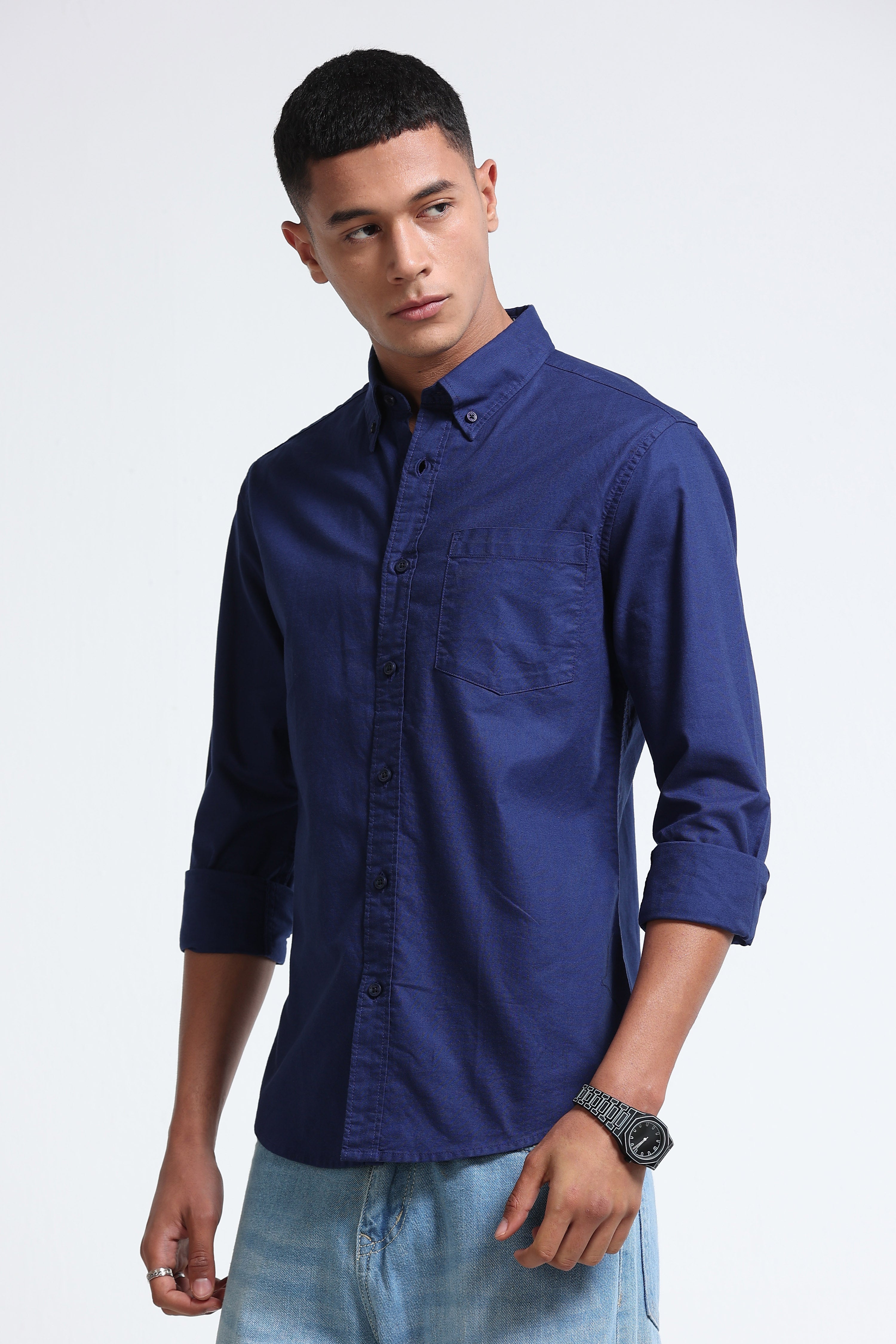 Men Blue Cotton Oxford Solid Shirt