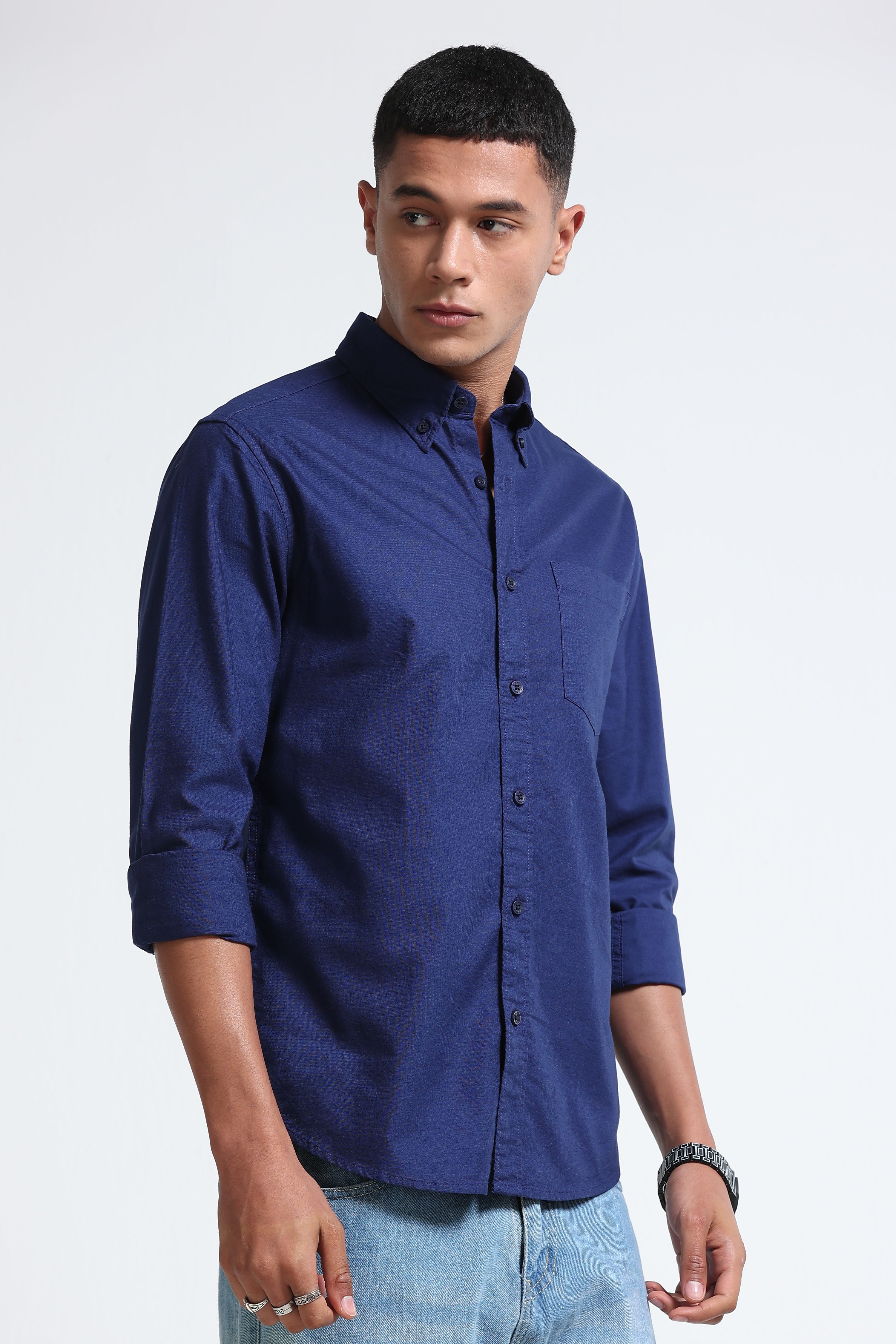 Men Blue Cotton Oxford Solid Shirt