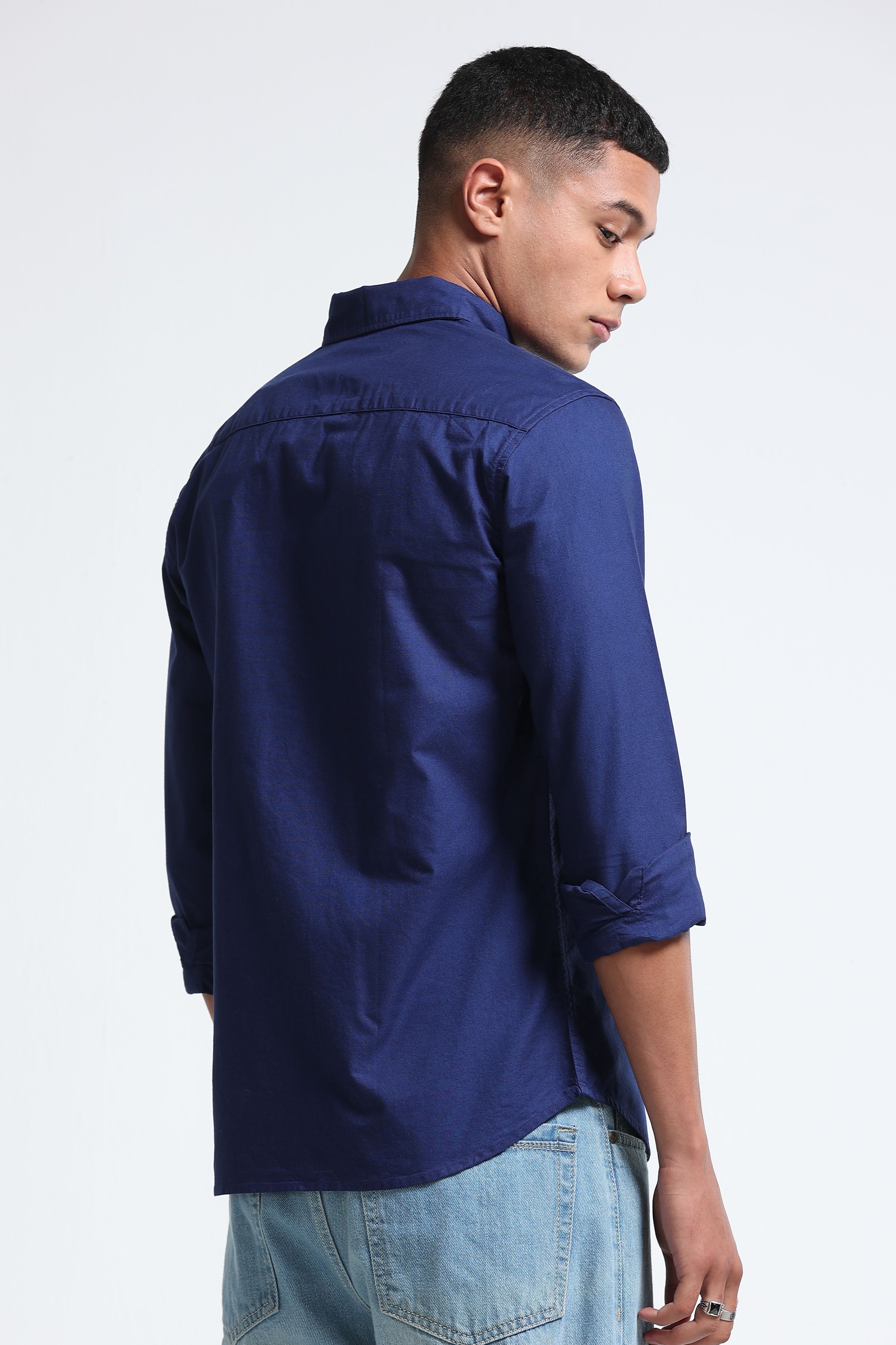 Men Blue Cotton Oxford Solid Shirt