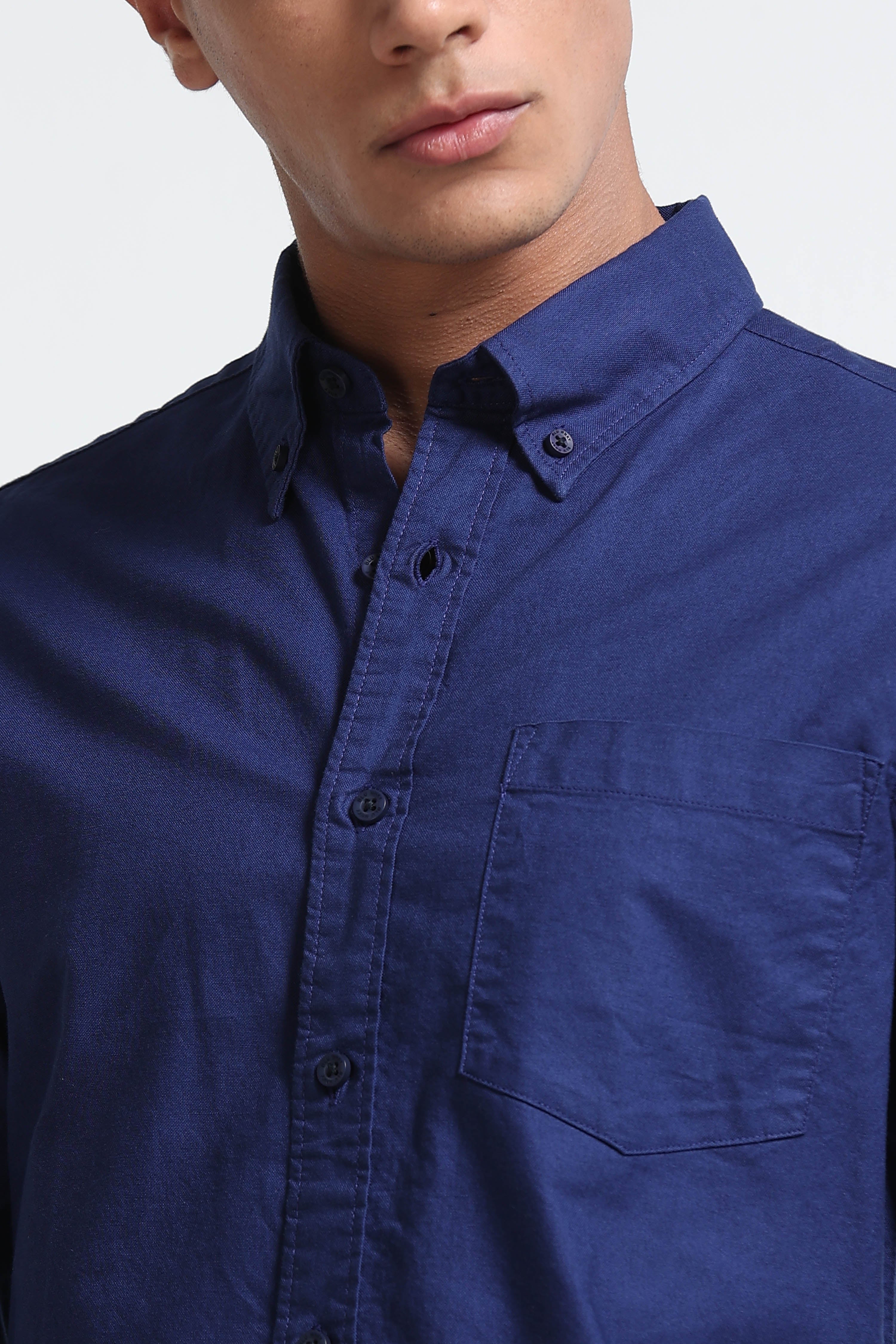 Men Blue Cotton Oxford Solid Shirt