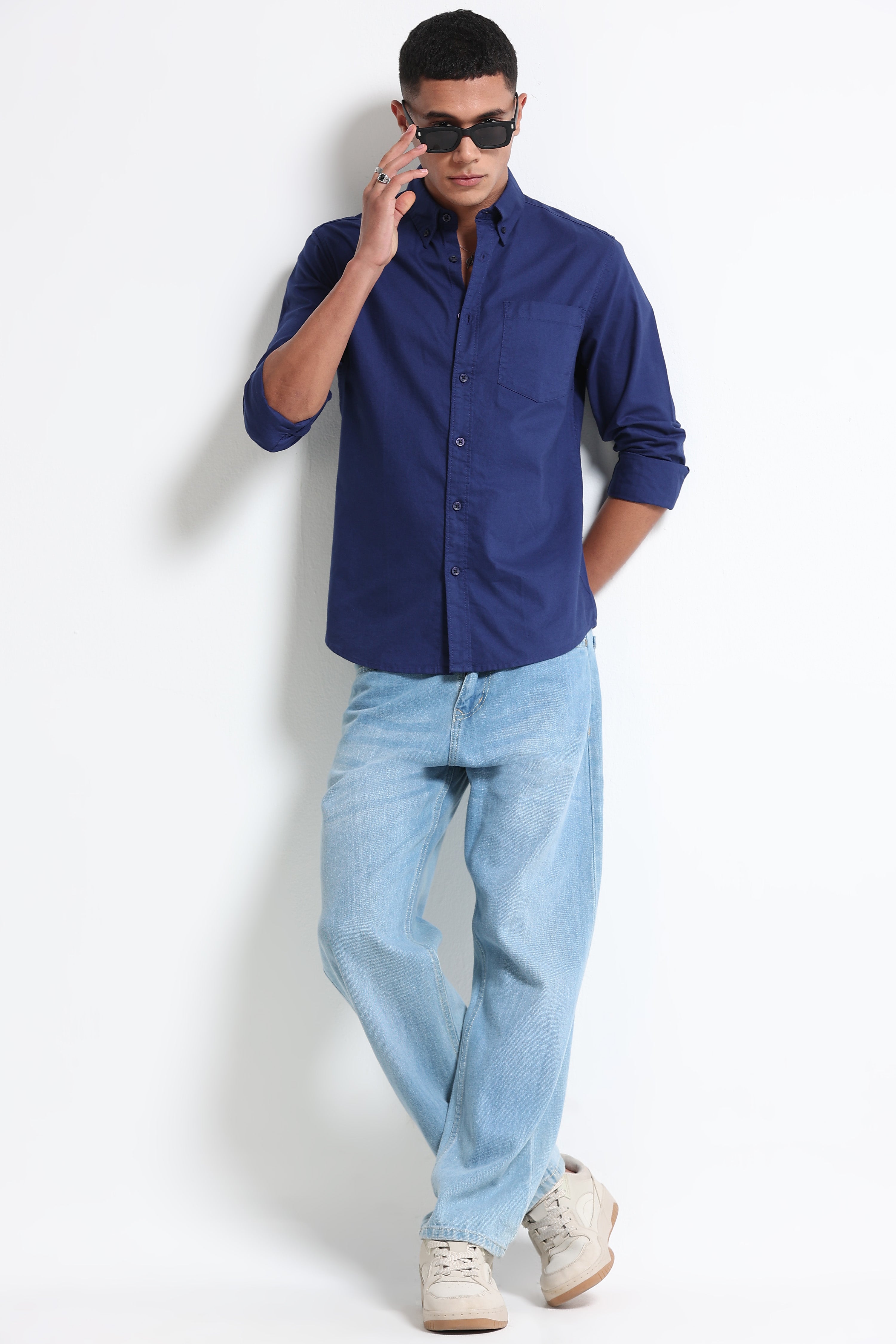 Men Blue Cotton Oxford Solid Shirt