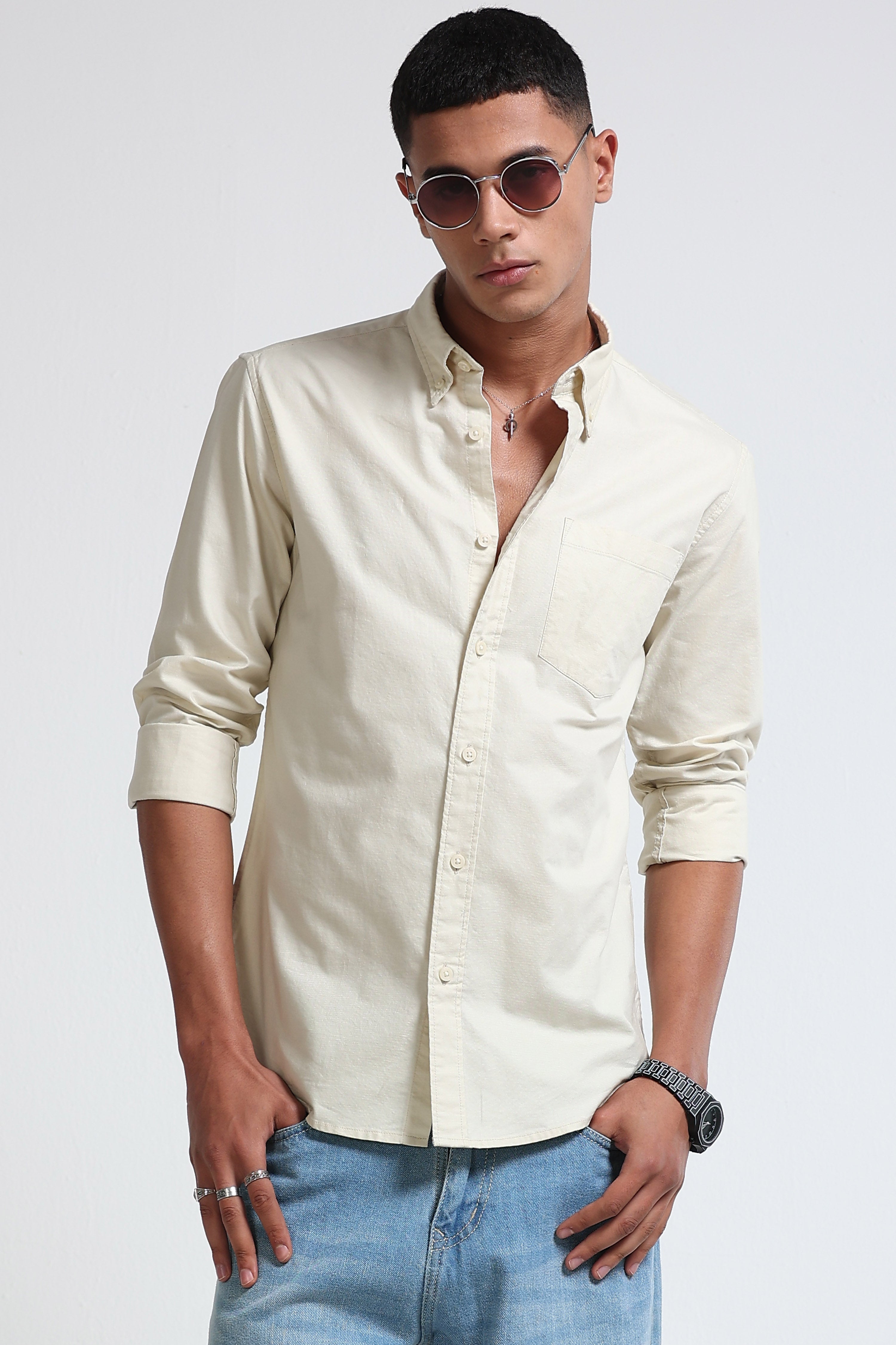 Men Cream Cotton Oxford Solid Shirt