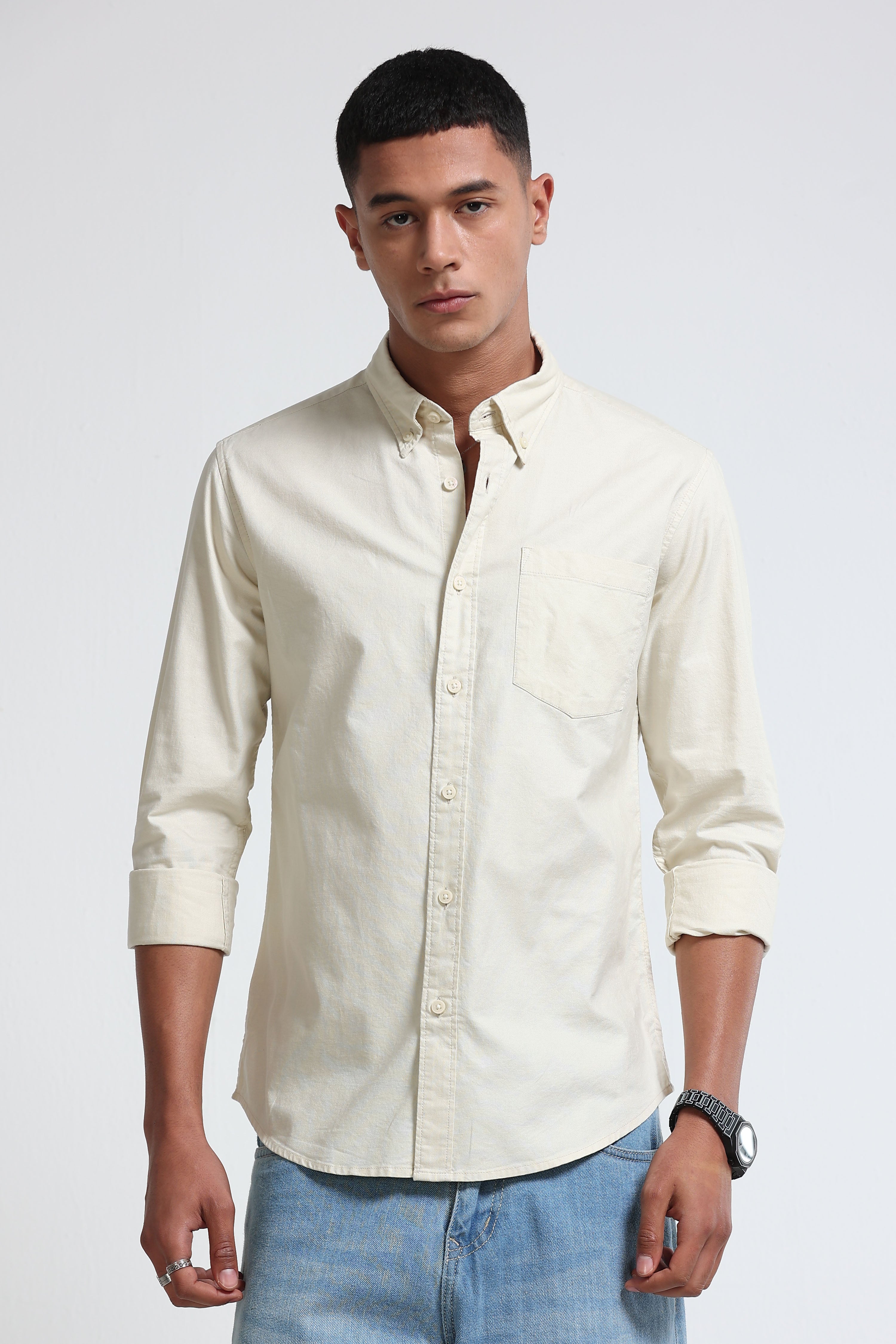 Men Cream Cotton Oxford Solid Shirt