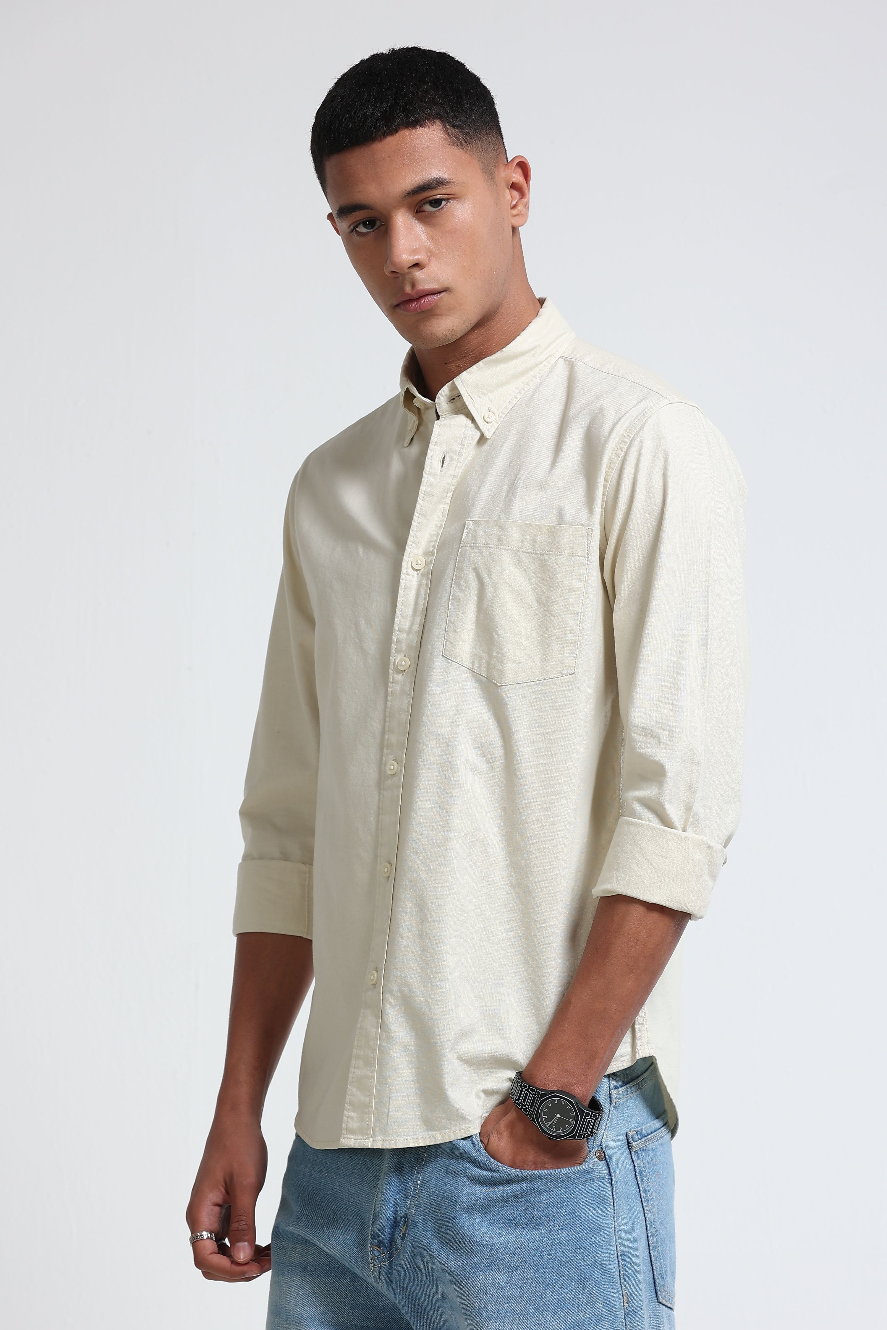 Men Cream Cotton Oxford Solid Shirt