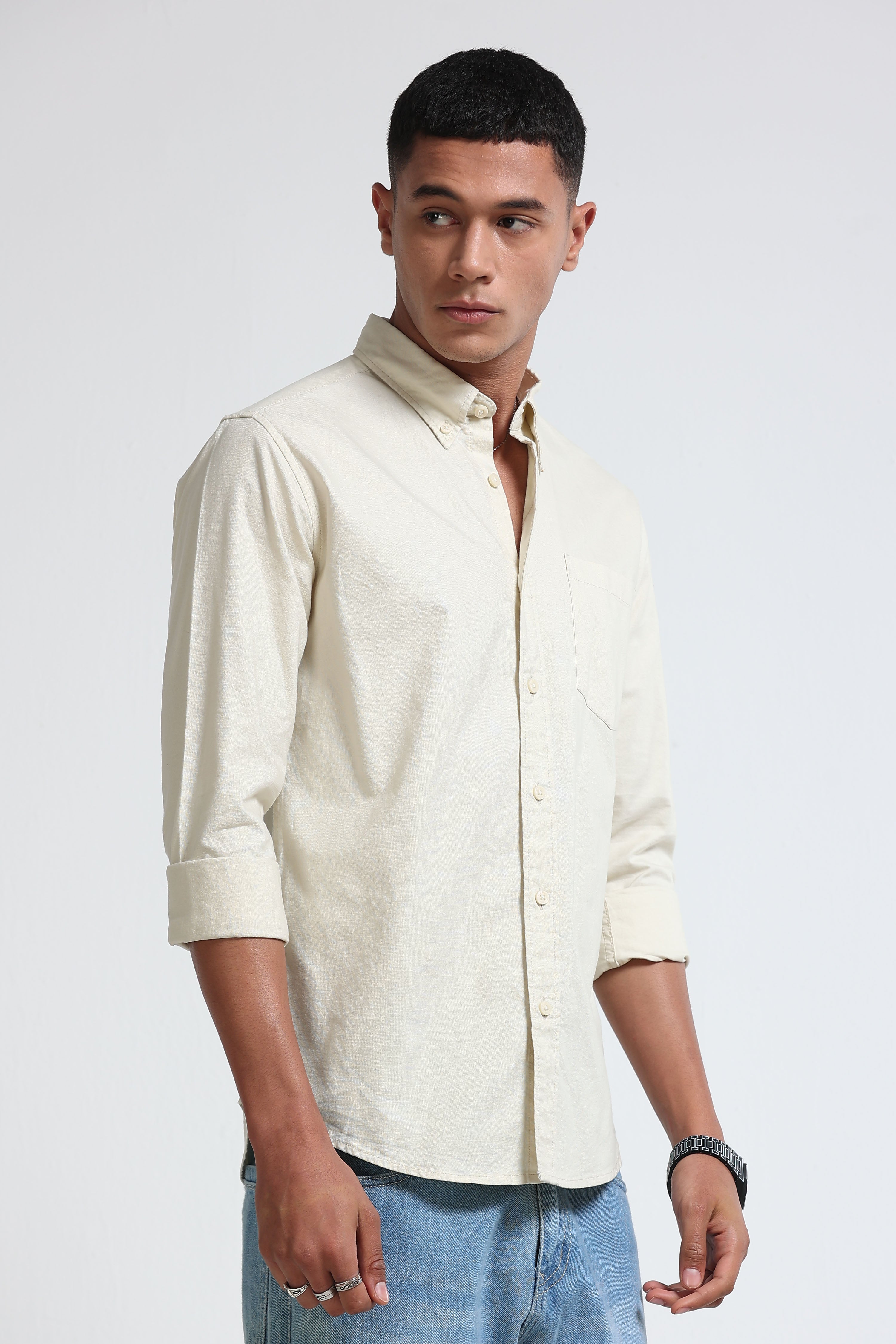 Men Cream Cotton Oxford Solid Shirt