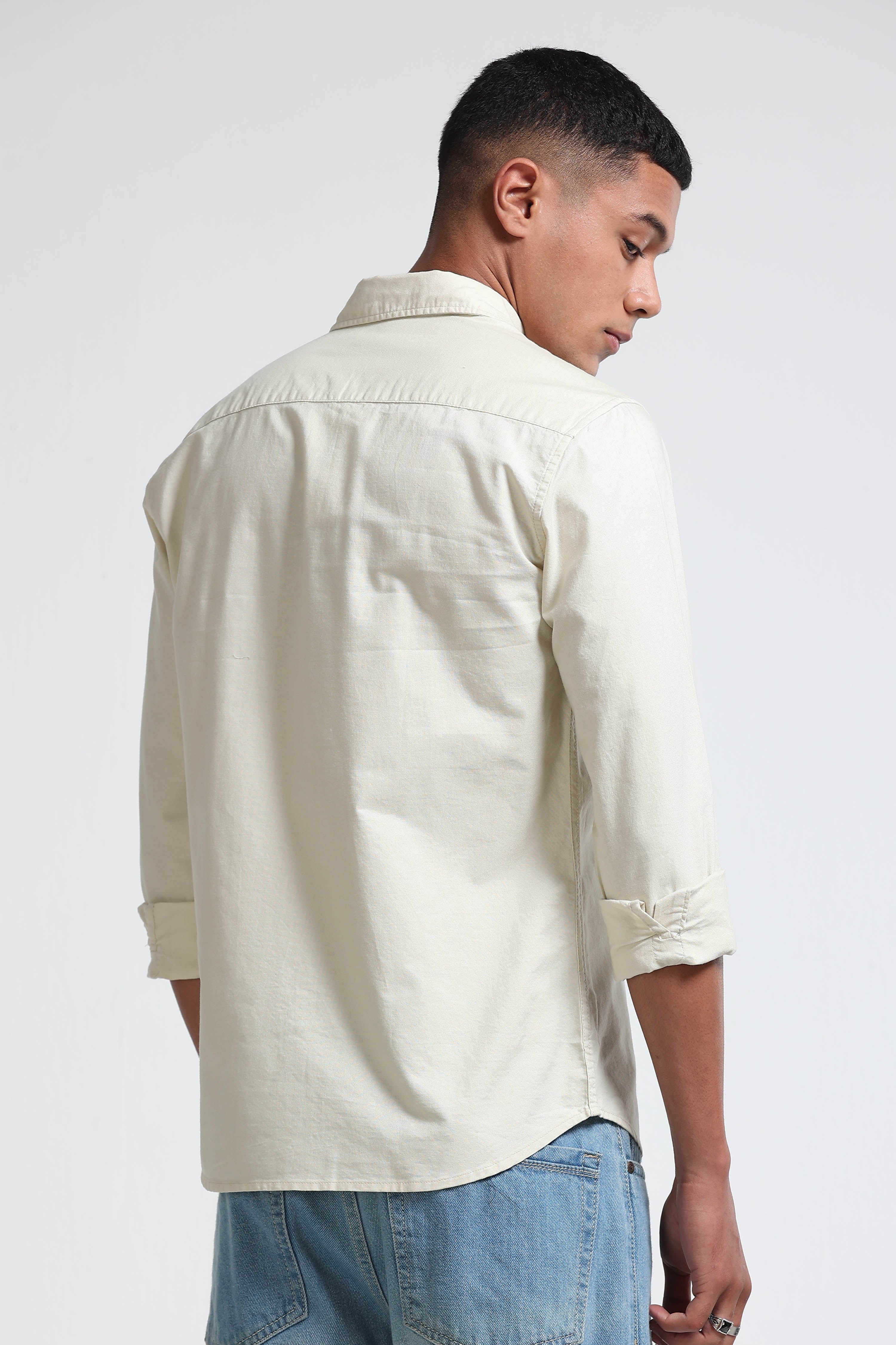 Men Cream Cotton Oxford Solid Shirt